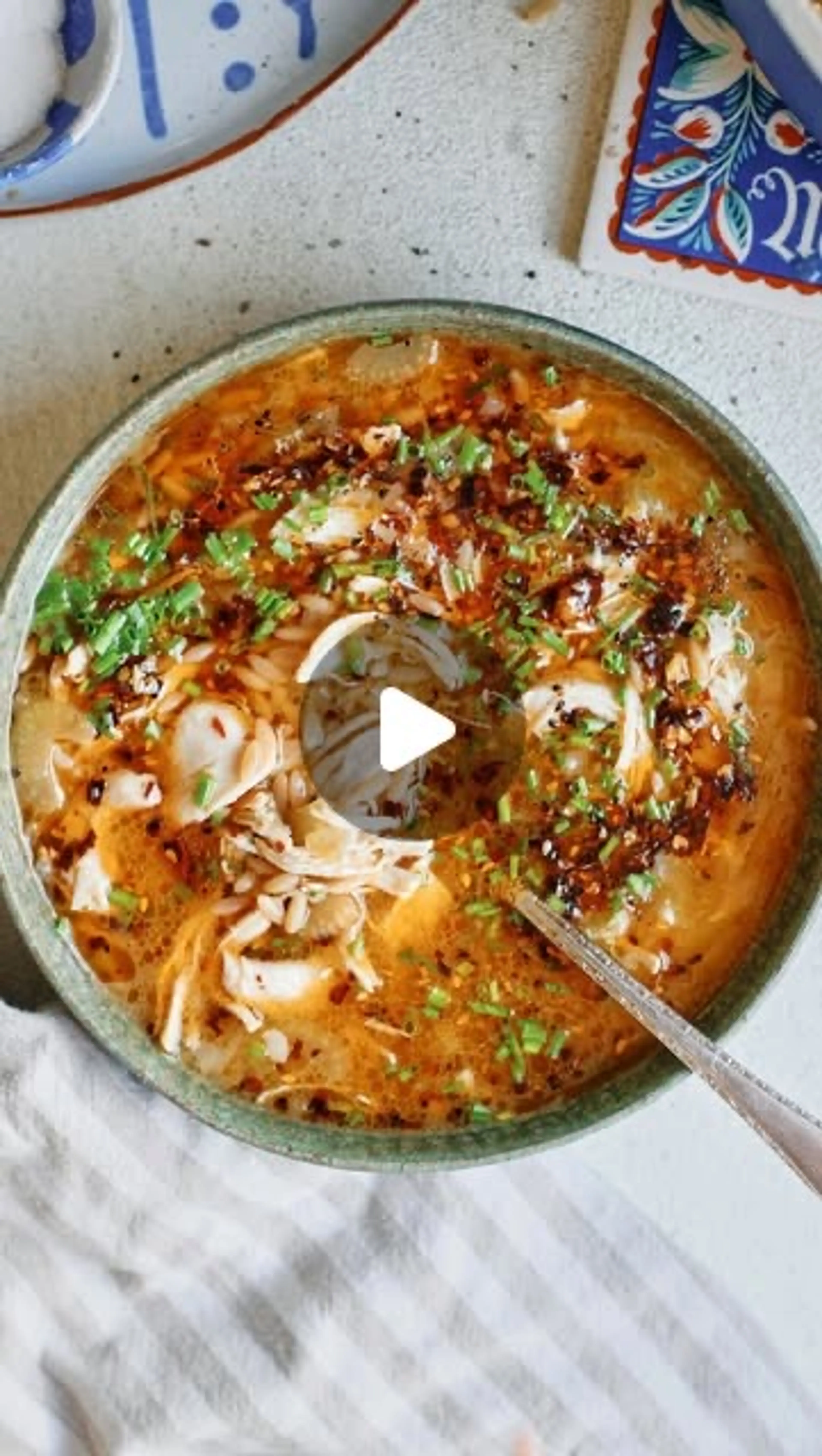 Toasted Orzo Chicken Soup (topped with Aunt Lily’s Chili Oil