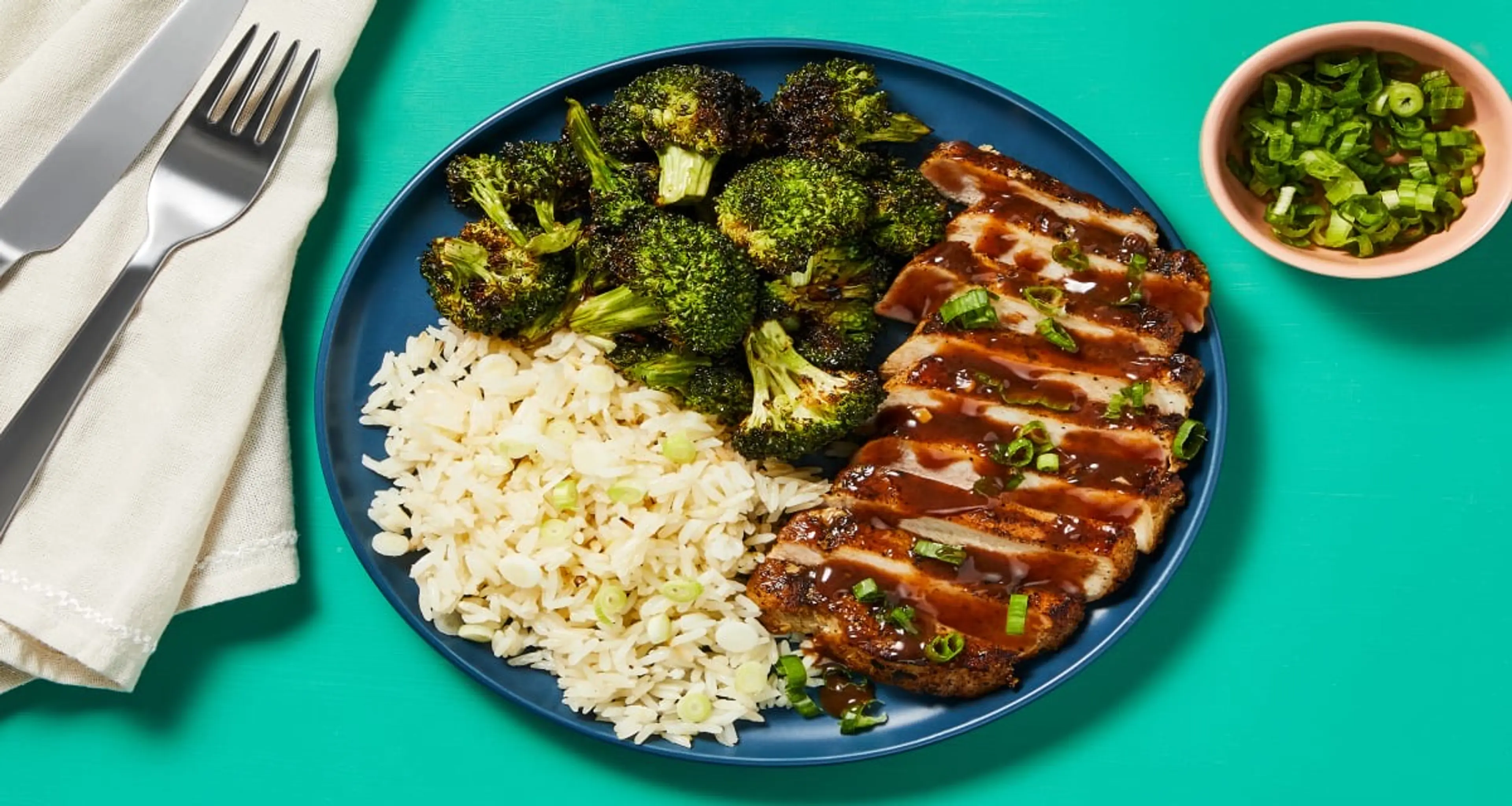 Hoisin Plum Pork Chops with Scallion Rice