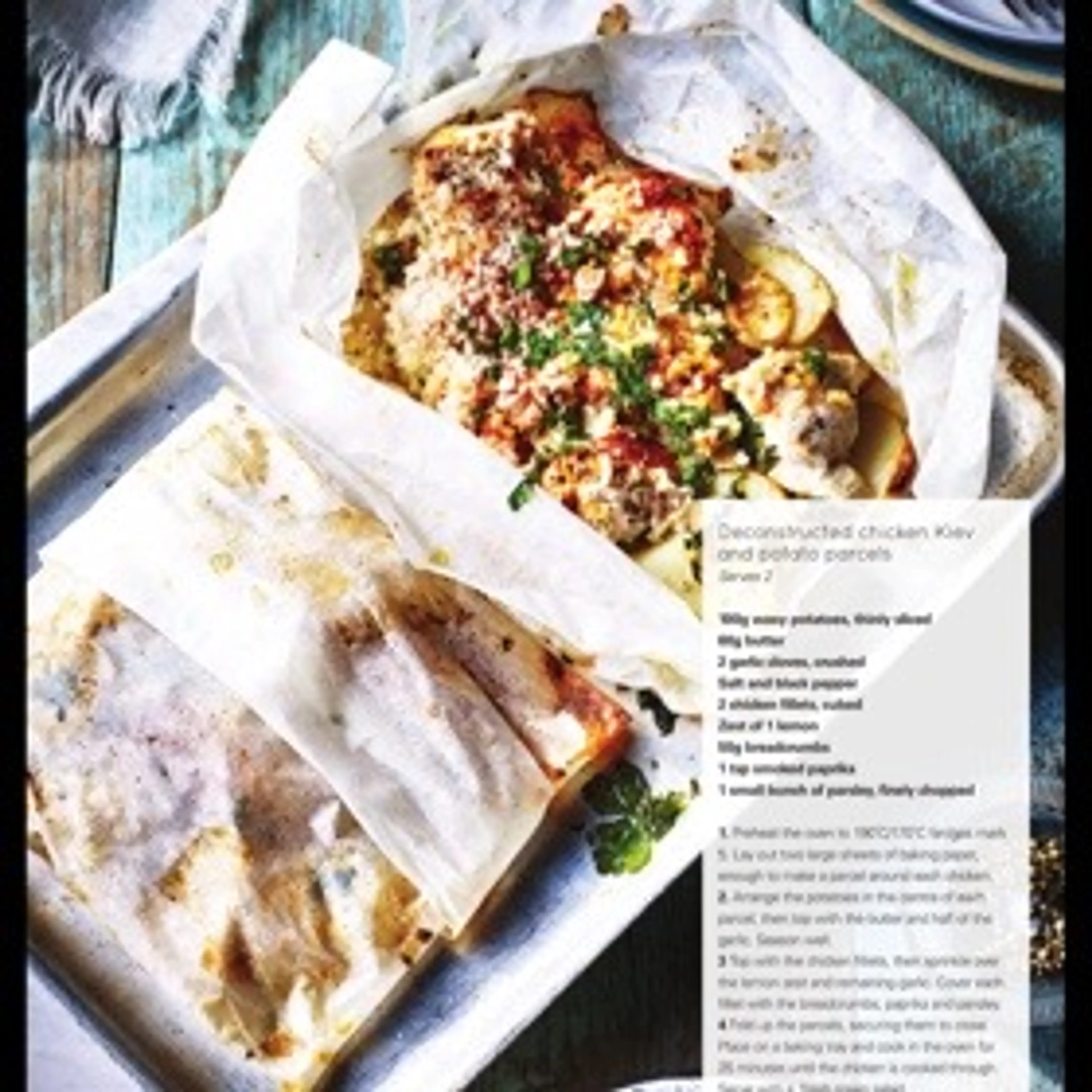 Deconstructed chicken Kiev and potato parcels
