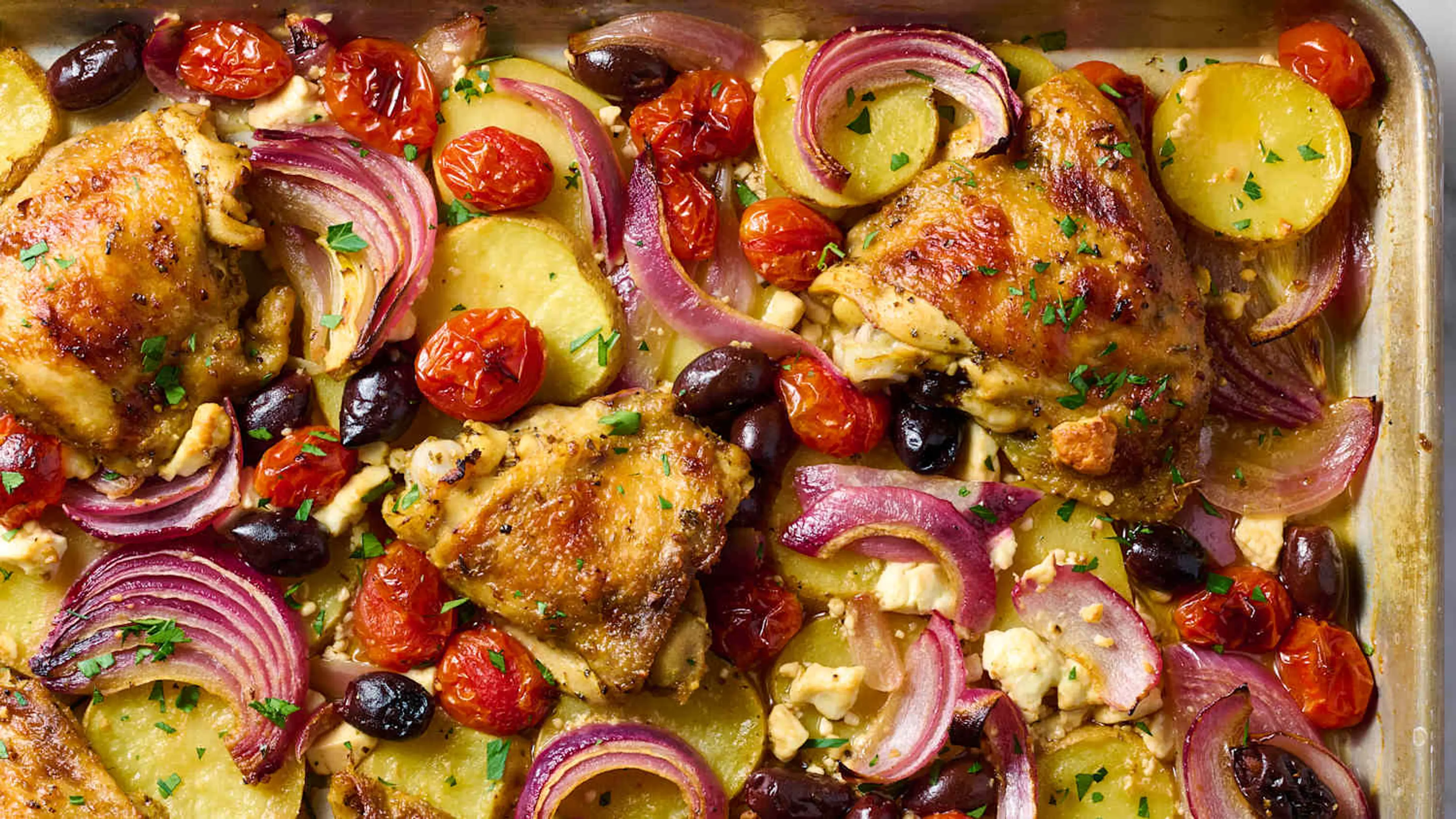 Sheet Pan Greek Chicken, Potatoes, & Veggies