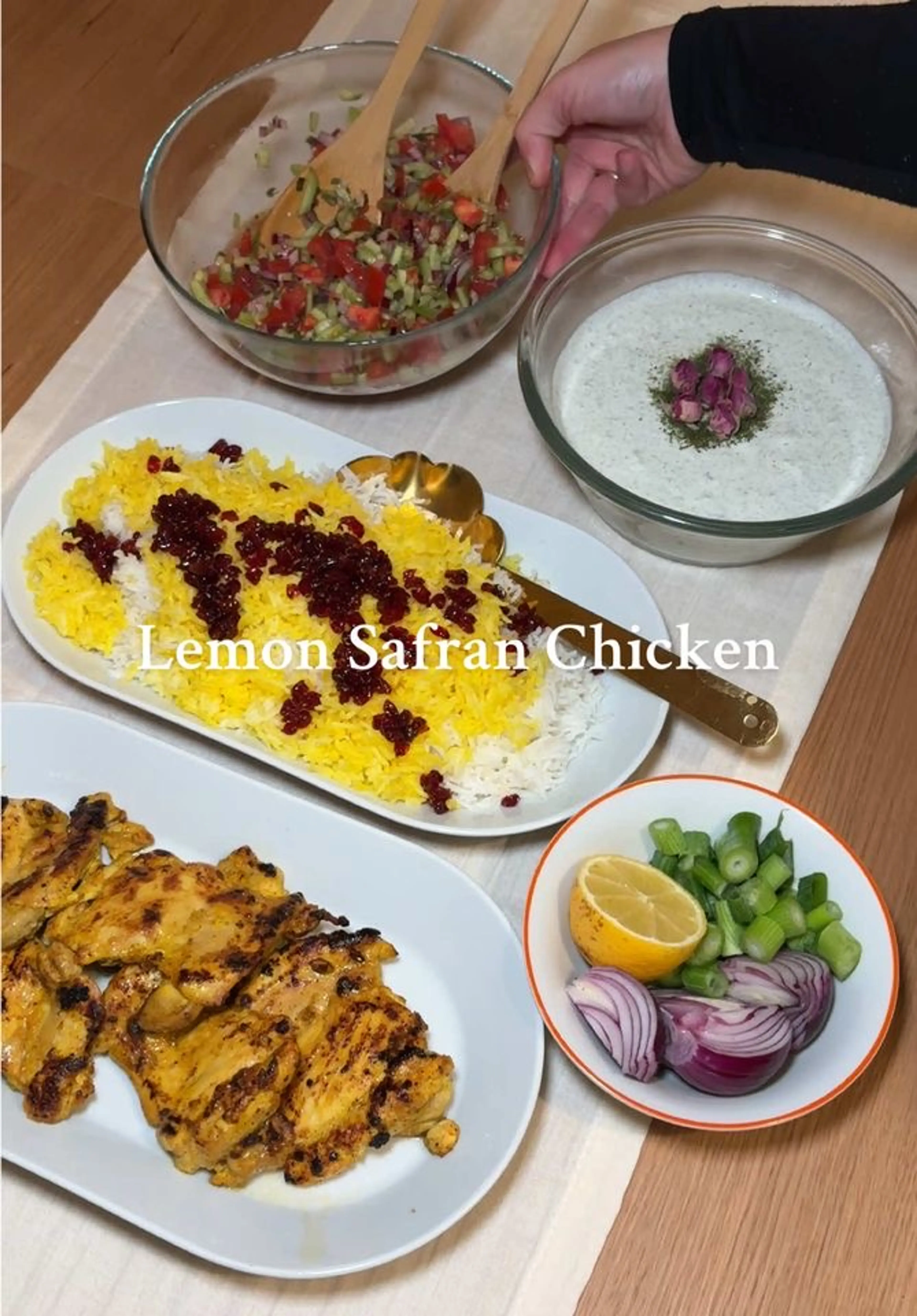 Lemon Saffron Chicken with Mint Yogurt, Shirazi Salad, and B