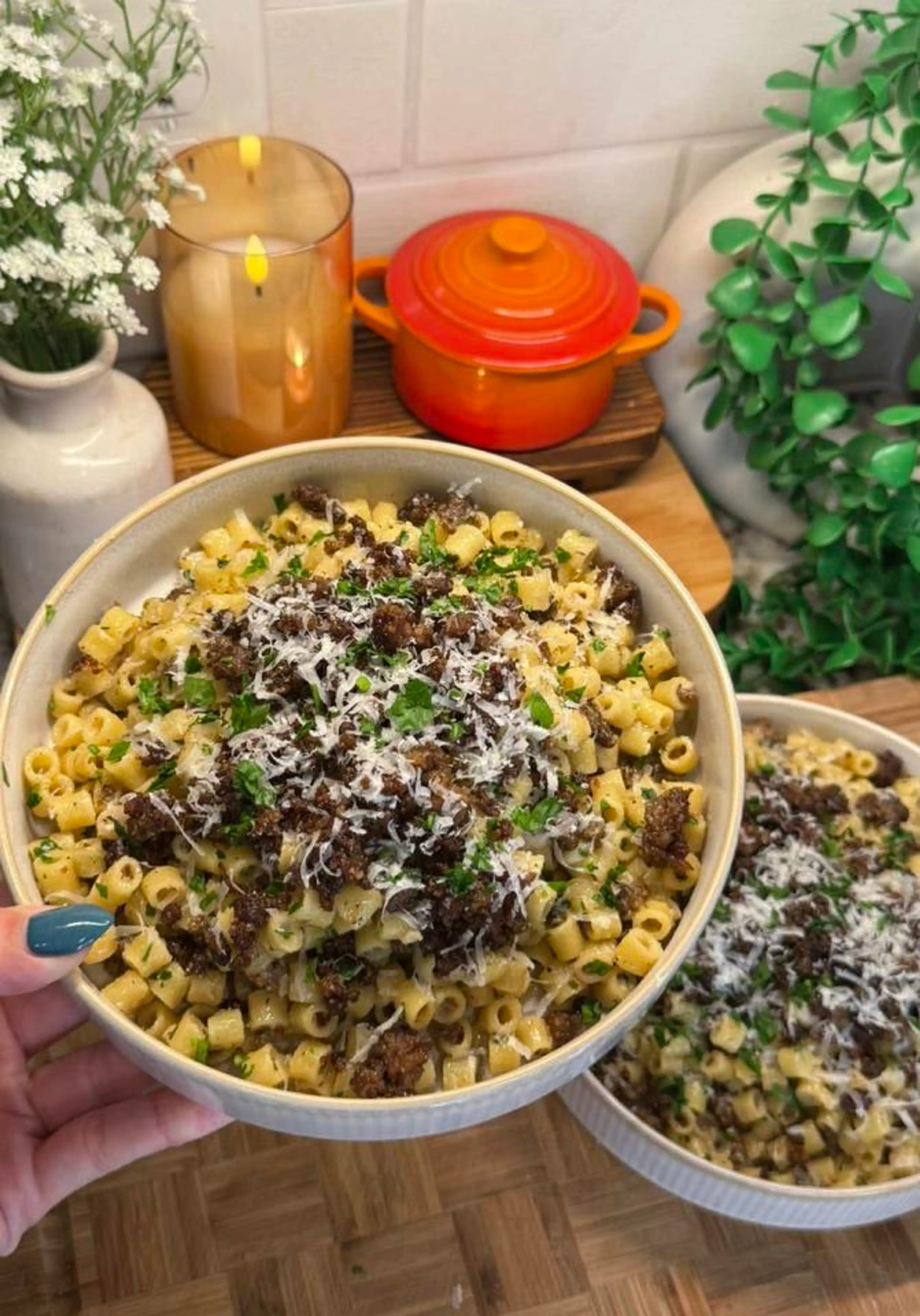 Crispy Beef + Garlic Parm = the Best One Pan Pasta You’ll Ma