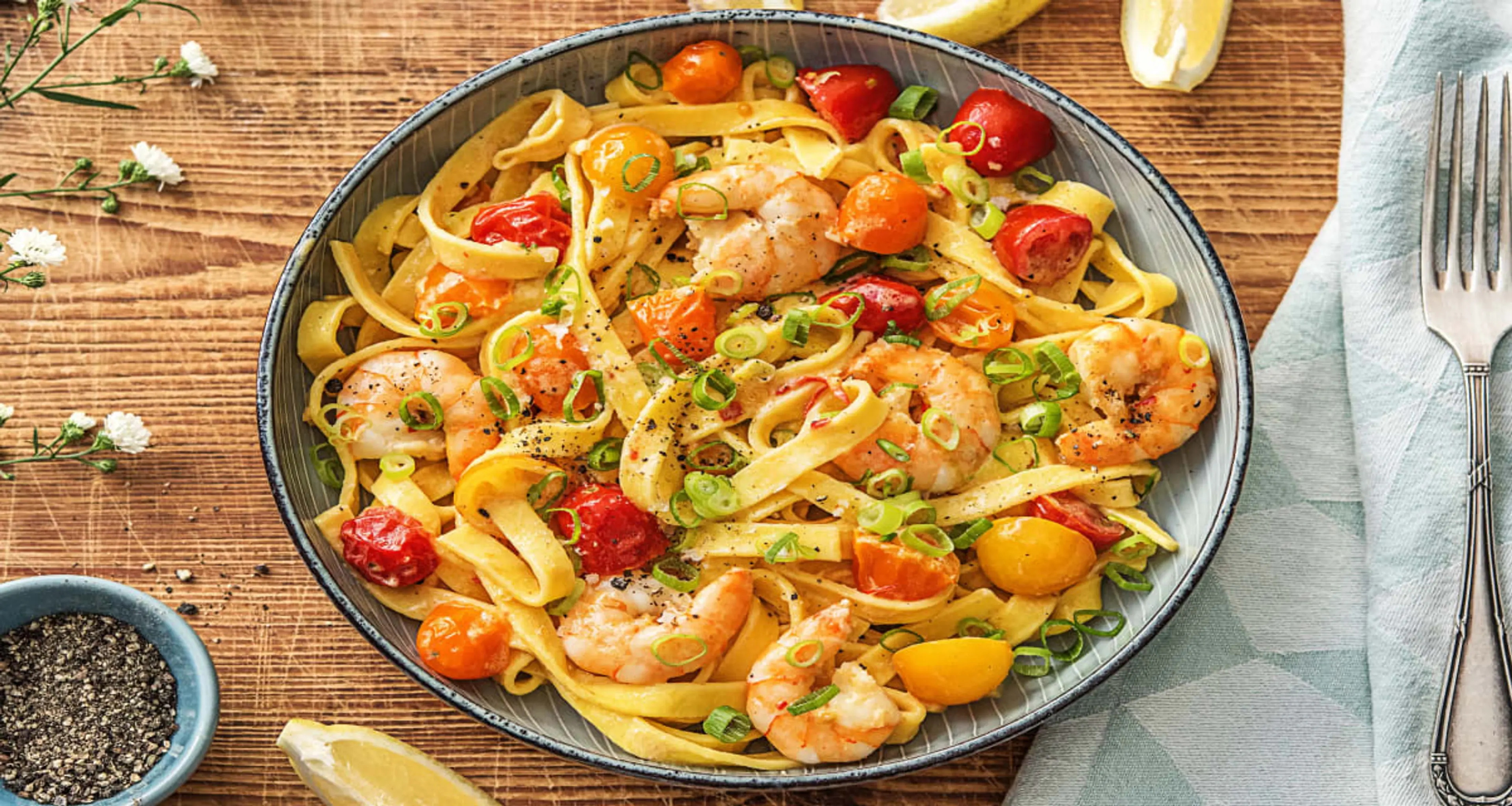 Creamy Shrimp Tagliatelle with Tomatoes, Garlic, and Chili