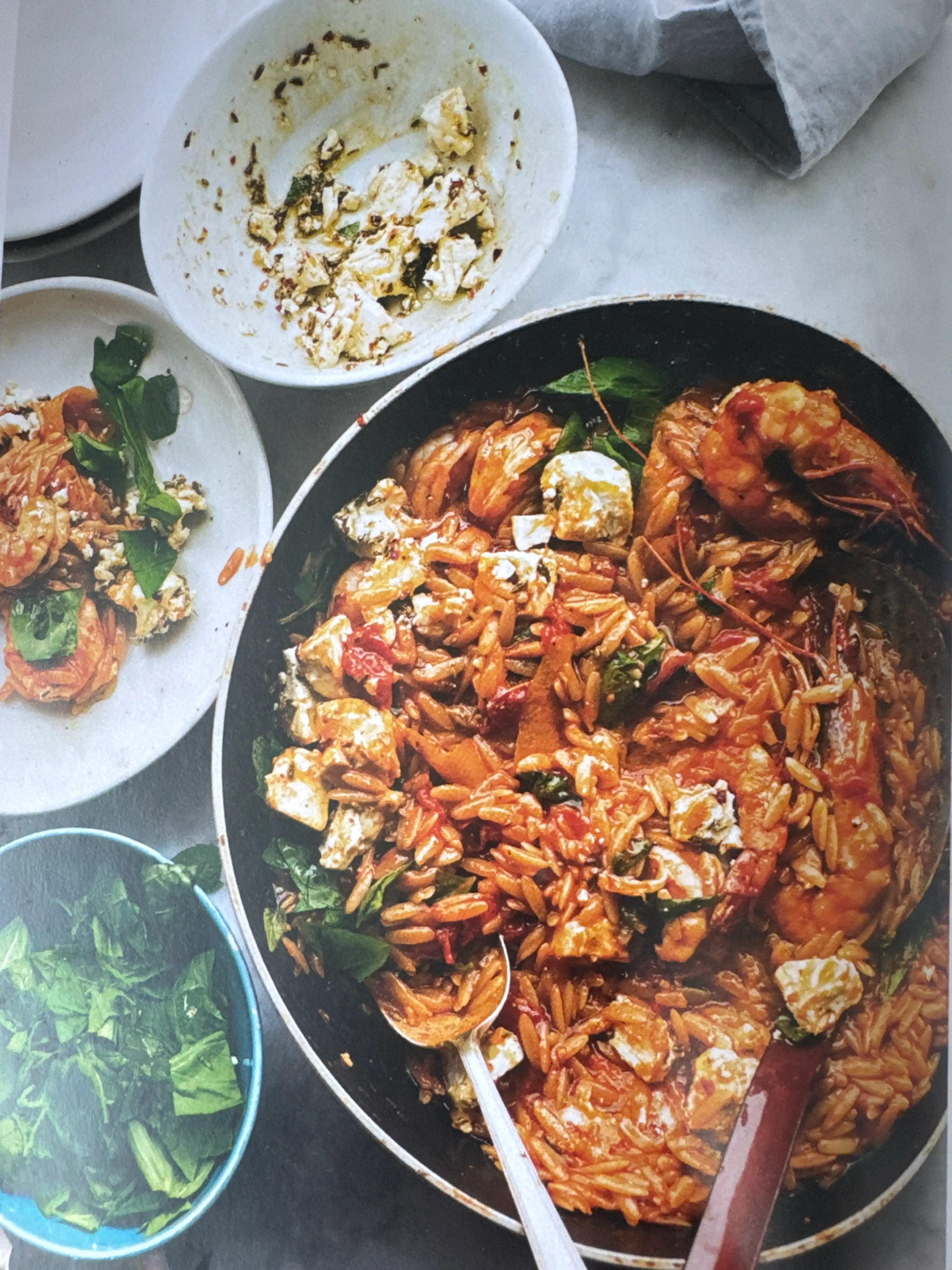 Orzo with prawns, tomato and marinated feta