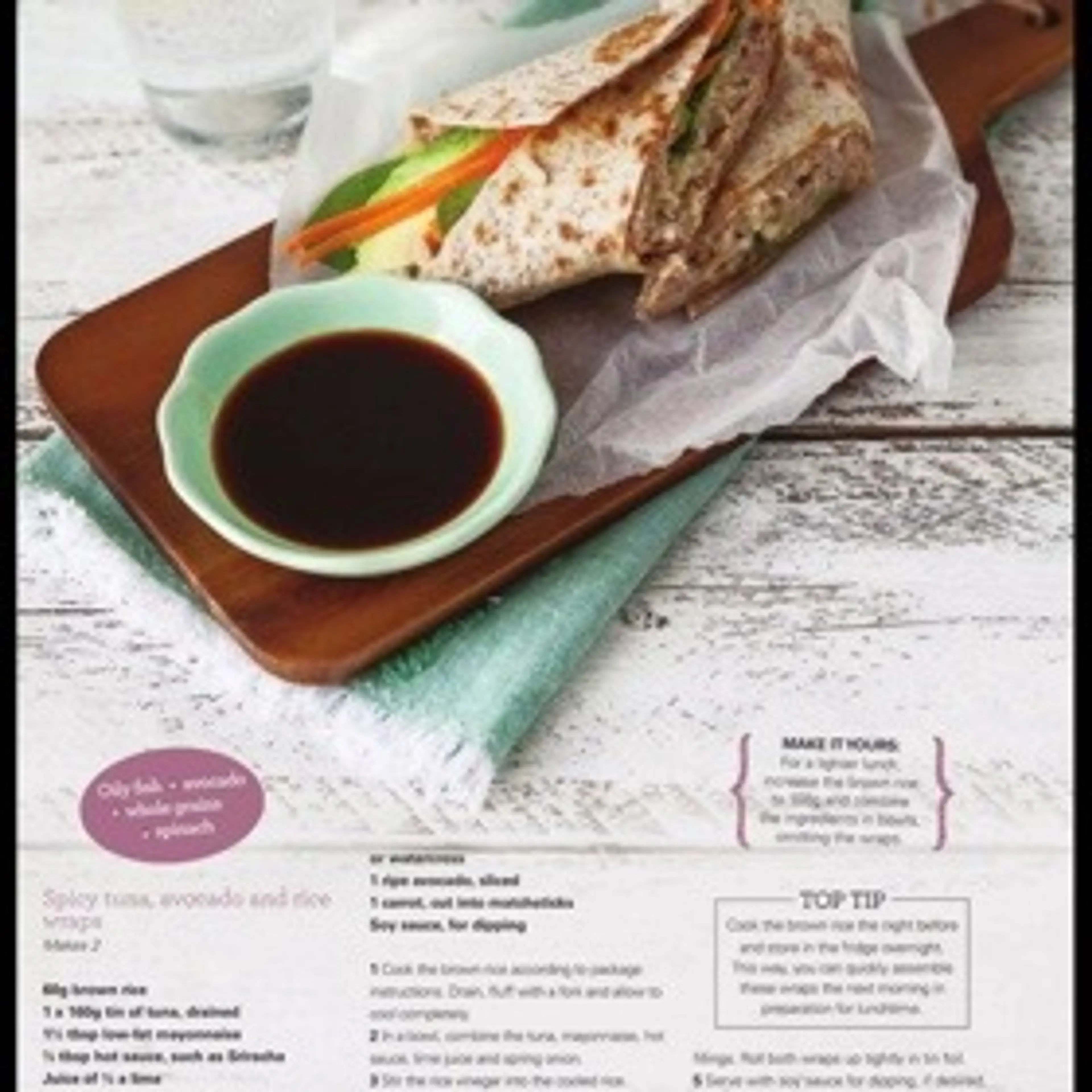 Spicy tuna, avocado and rice wraps