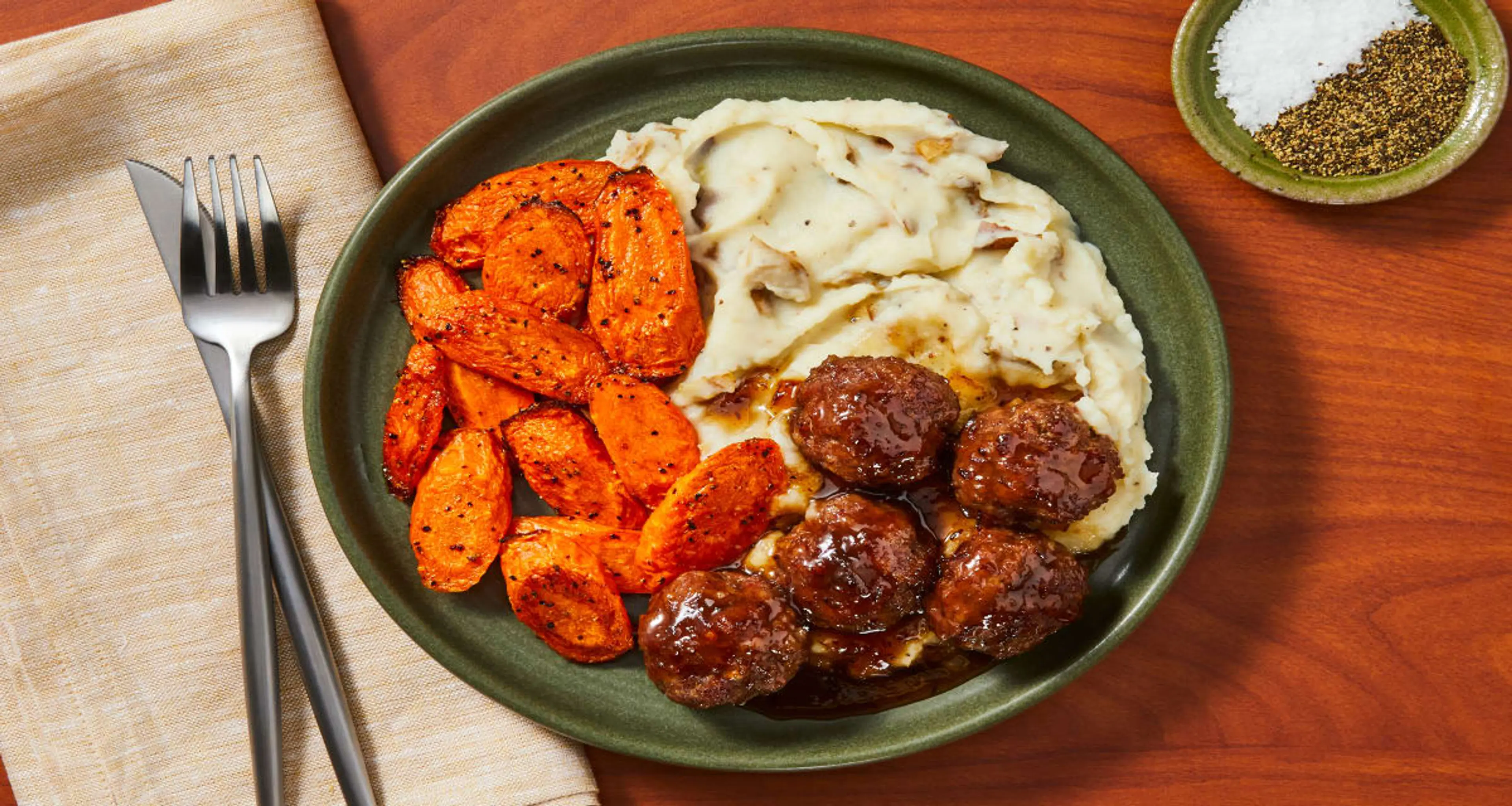 Cranberry-Glazed Meatballs with Mashed Potatoes & Roasted Ca