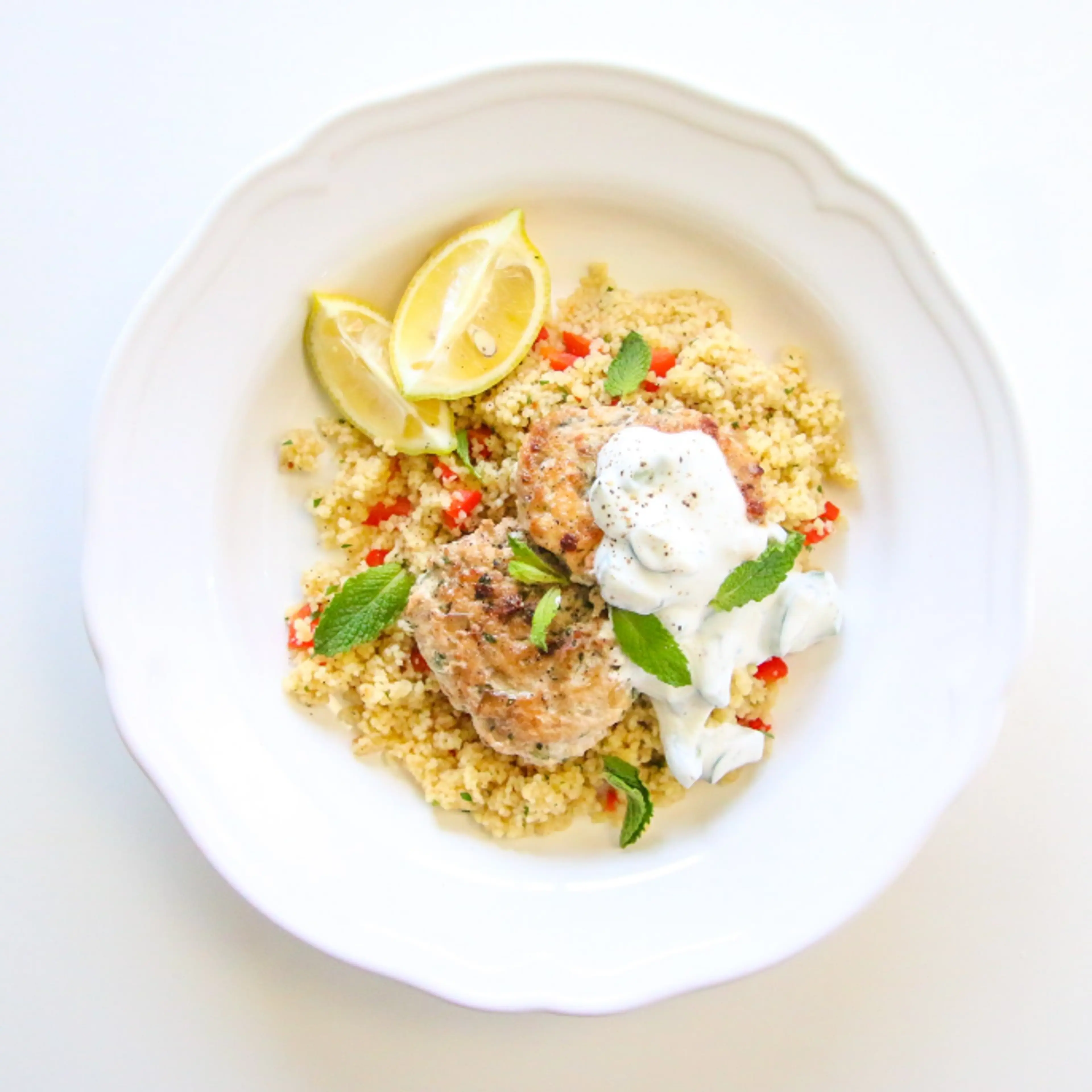 Baked Chicken Kofta with Couscous & Cucumber Yogurt