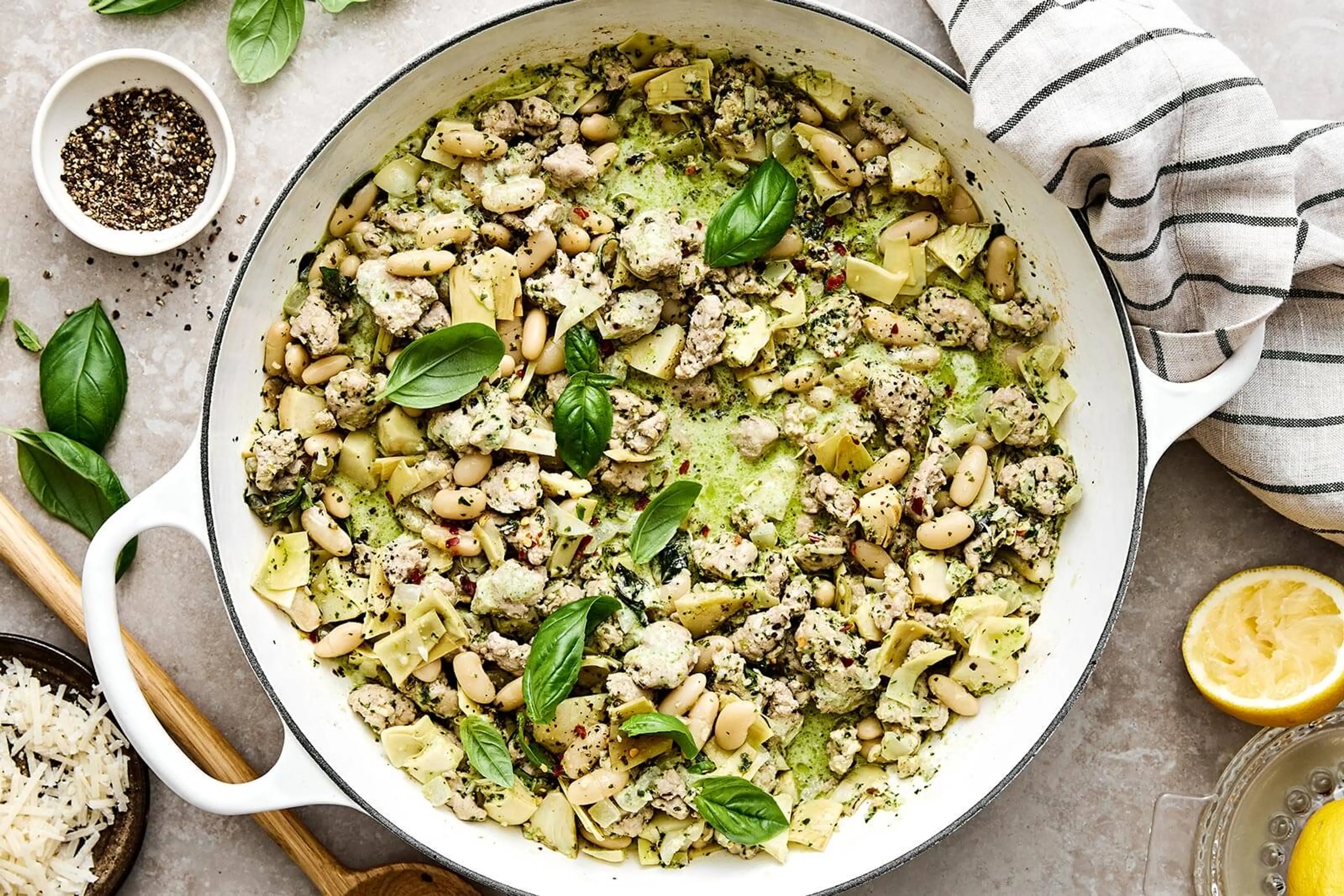 Creamy Pesto Ground Turkey Skillet