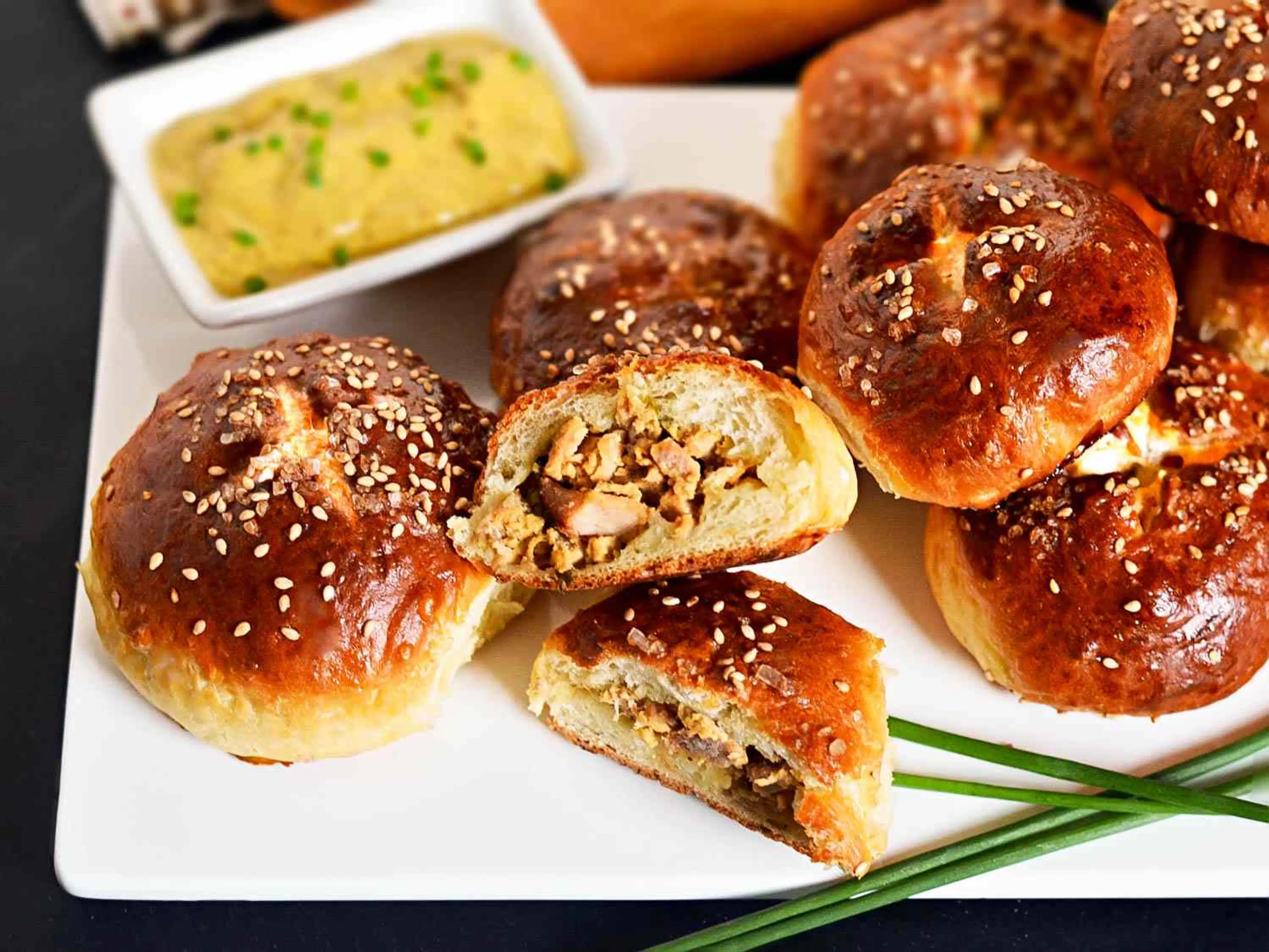 Pretzel Bao With Sweet Sesame-Hot Mustard Pork Recipe