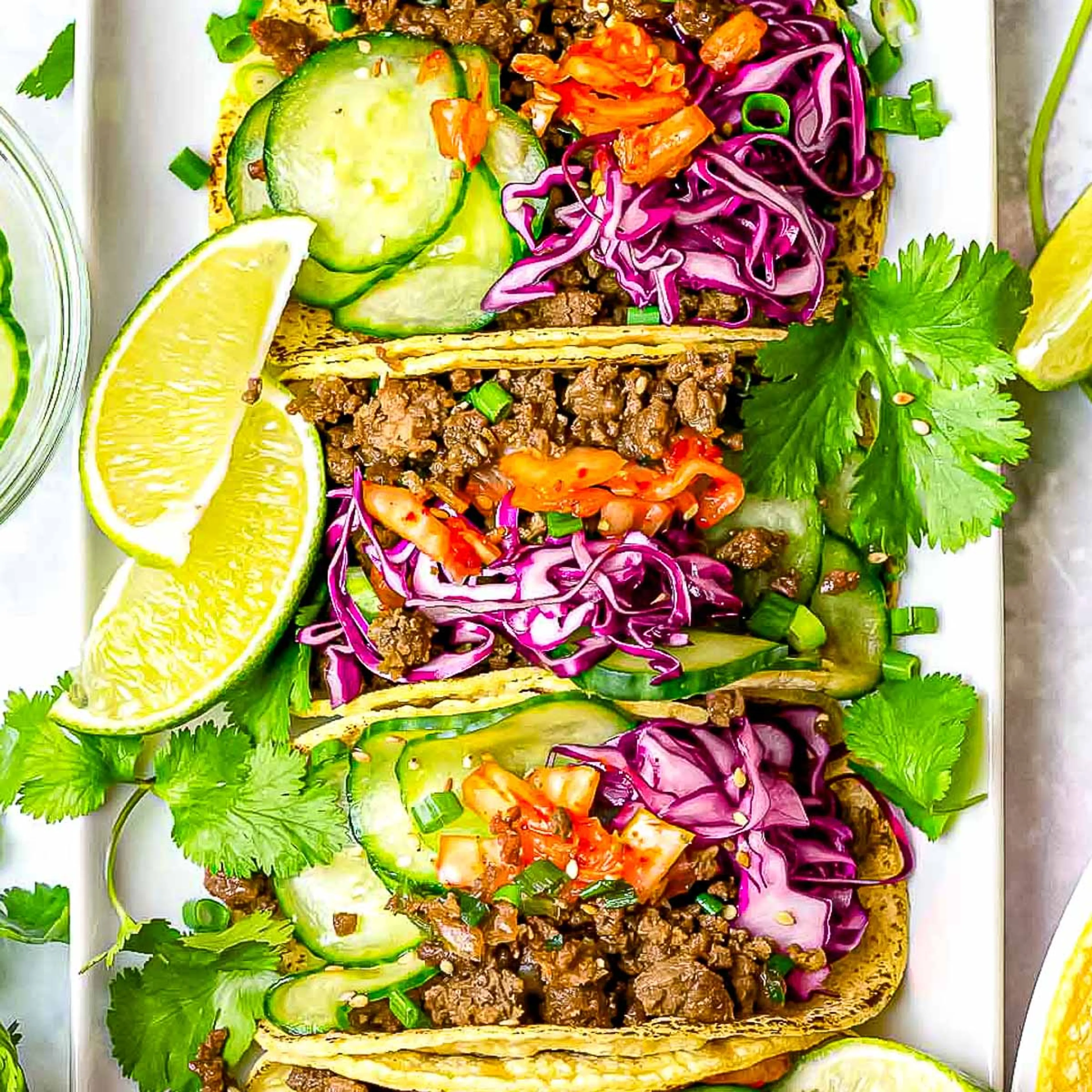 Korean Beef Bulgogi Tacos with Slaw and Pickled Cucumbers