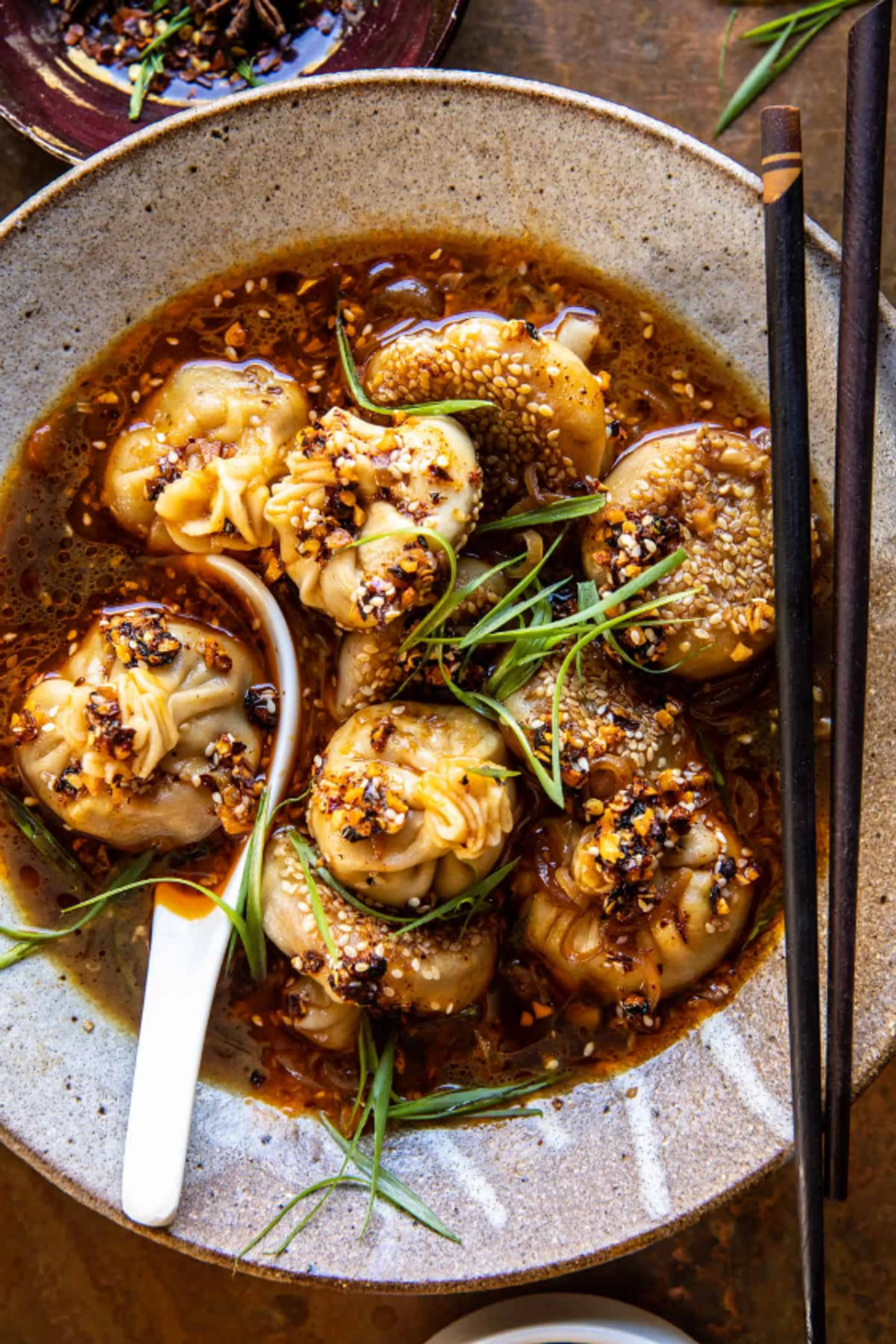 Chili Crisp Butternut Squash Dumplings in Ginger Soy Broth