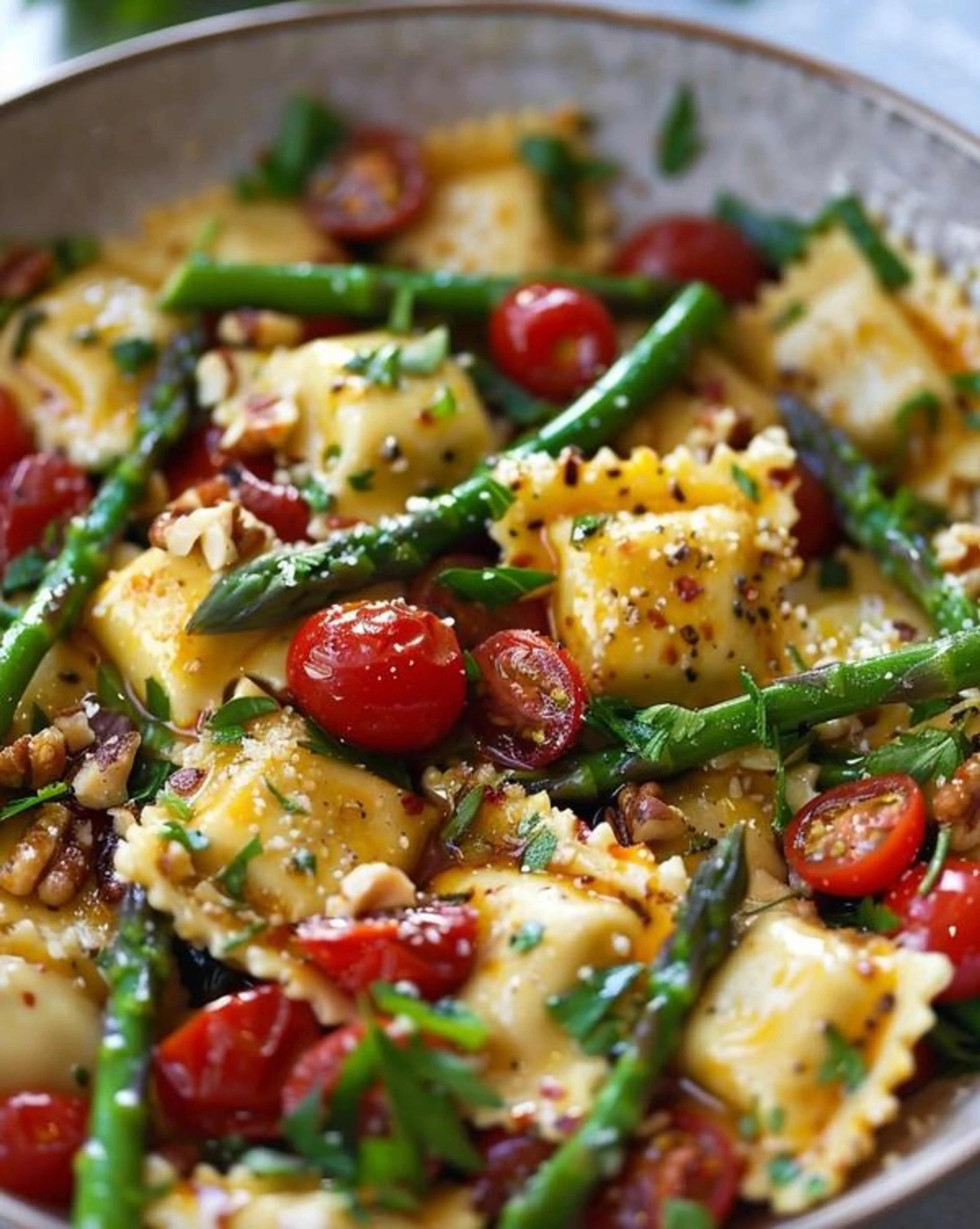 Ravioli with Tomatoes, Asparagus, and He