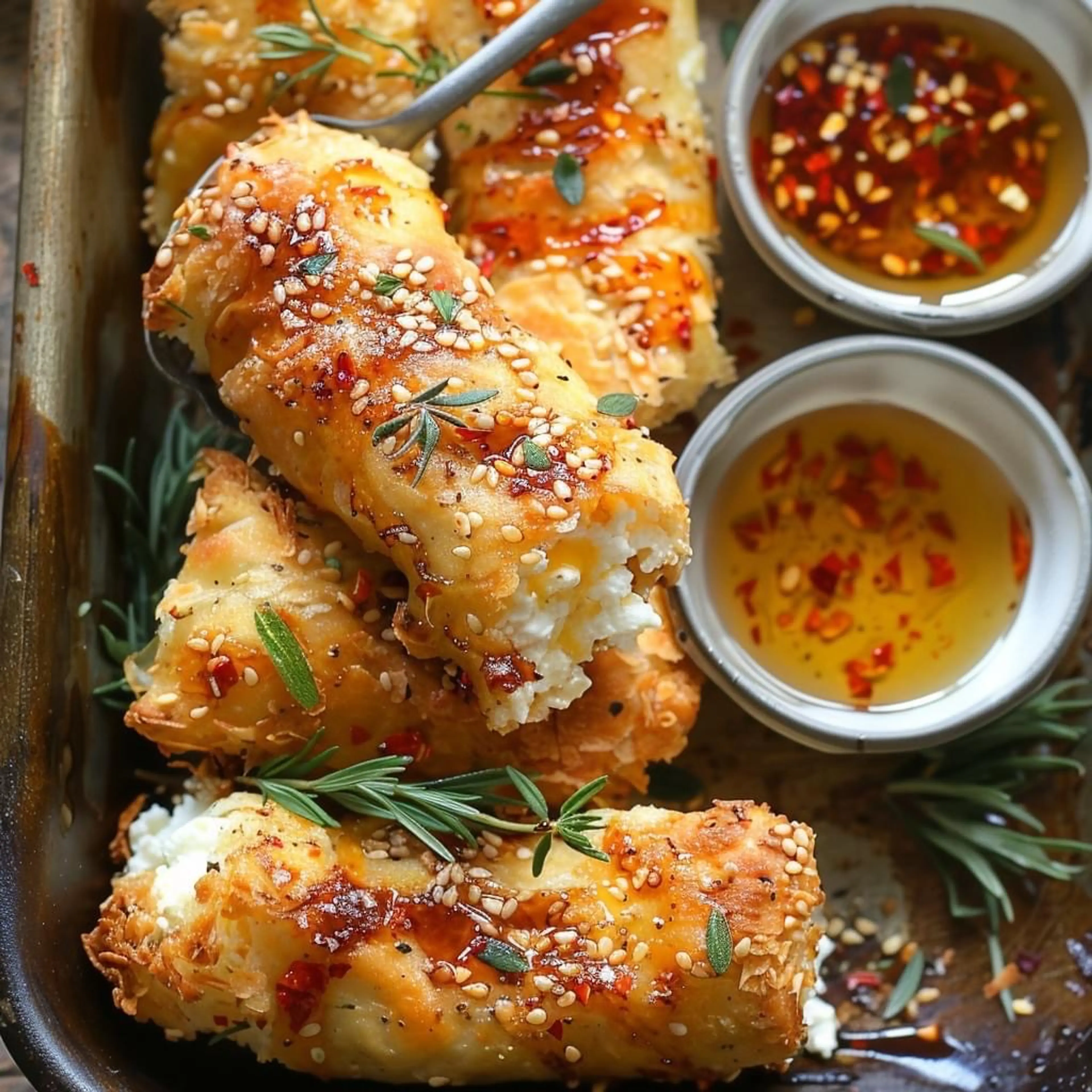 Oven Fried Feta Rolls With Chili Honey