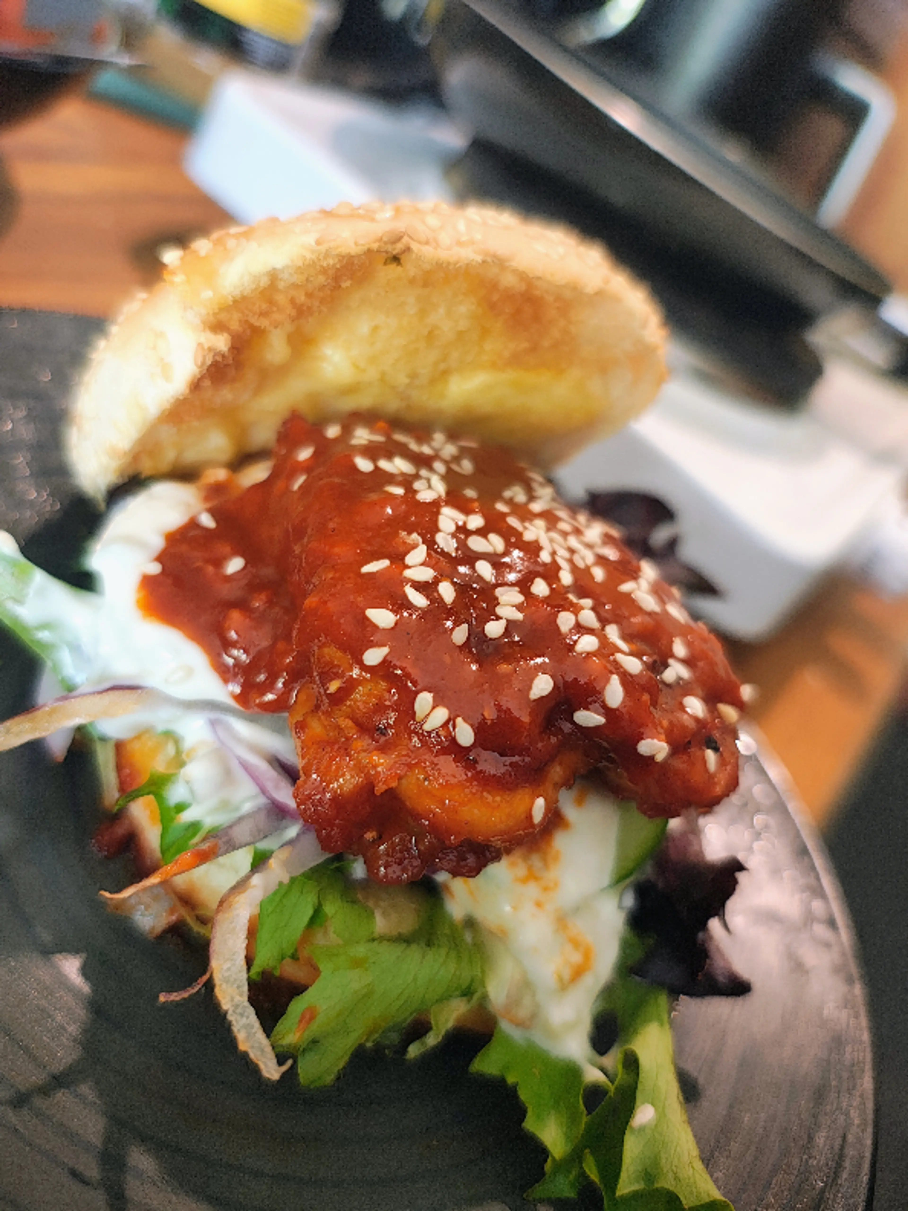 Sticky Gochujang Glazed Chicken and Bacon Burgers