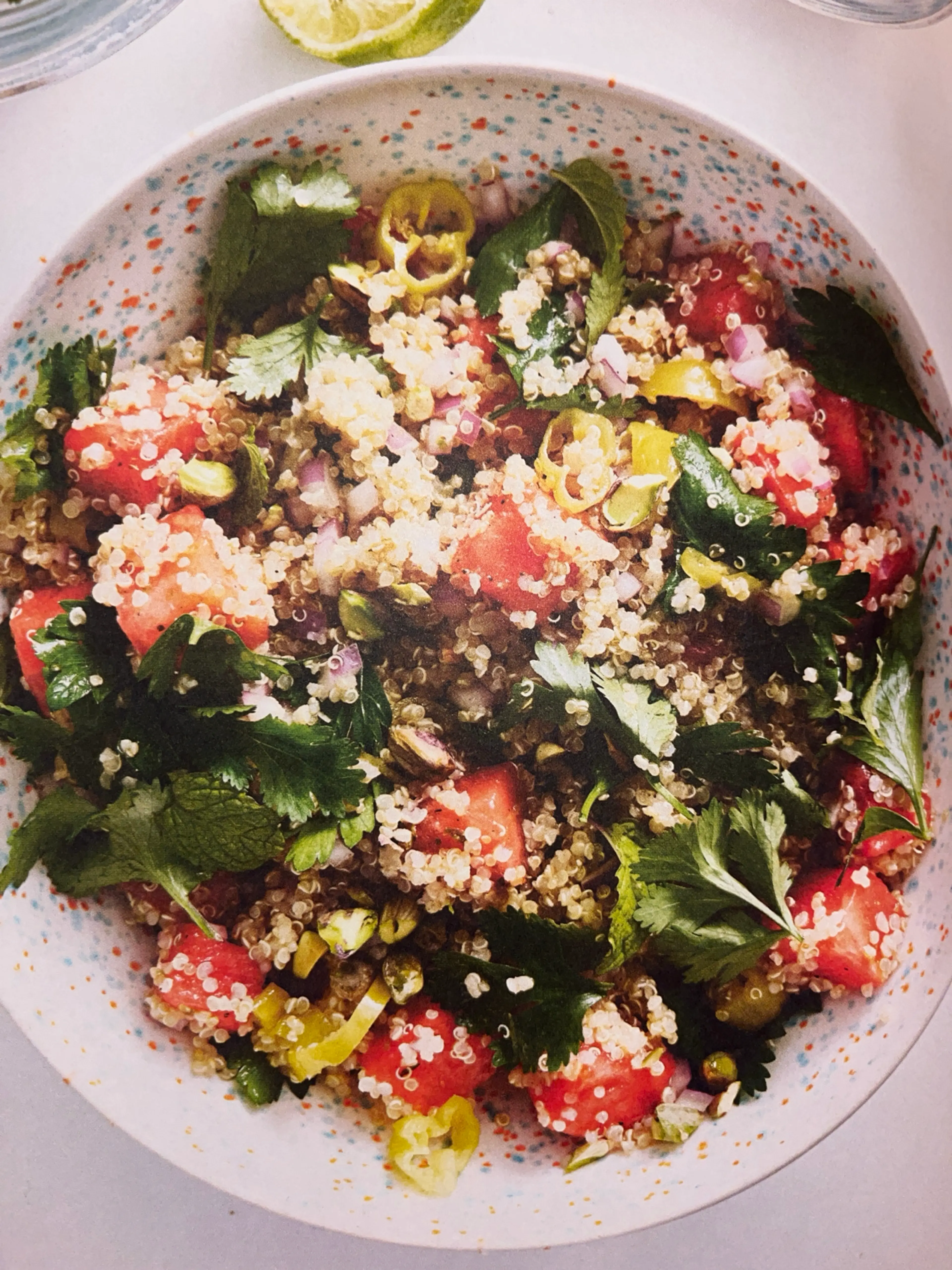 Quinoa and Watermelon Salad with Pistachios and Spicy Pickle