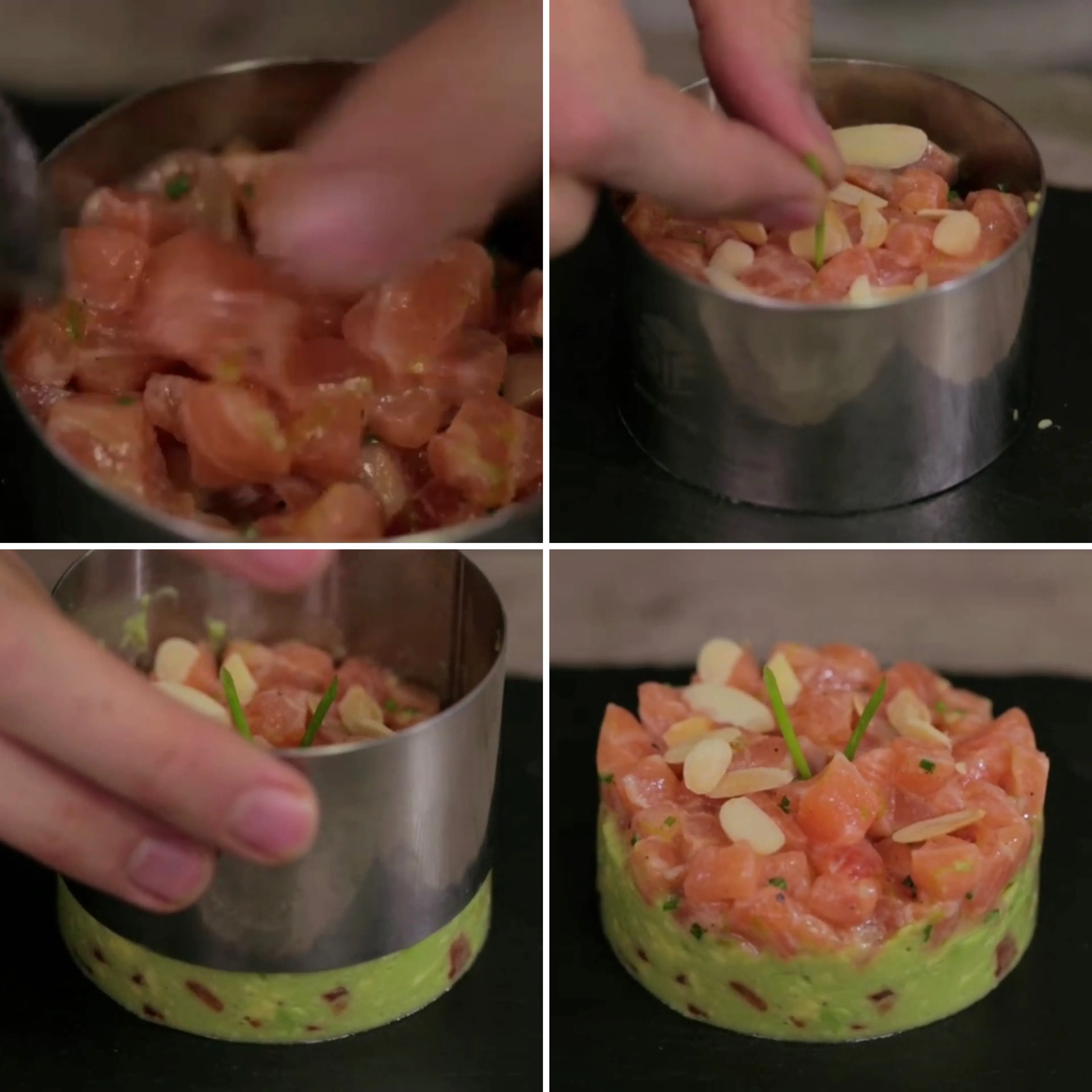 Tartare di salmone con crema di avocado e mandorle tostate