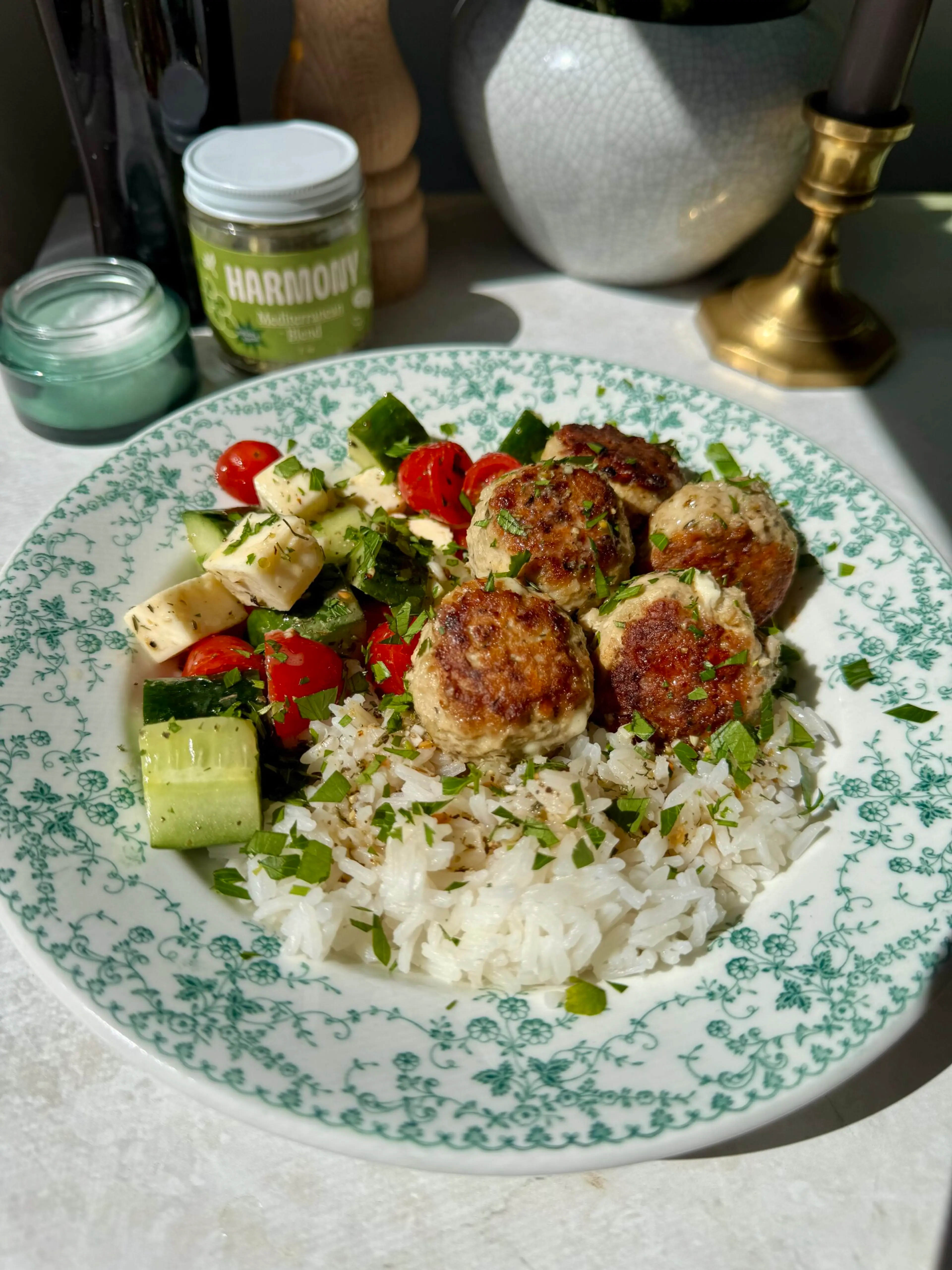 Feta Chicken Meatballs with Greek-Style Chopped Salad