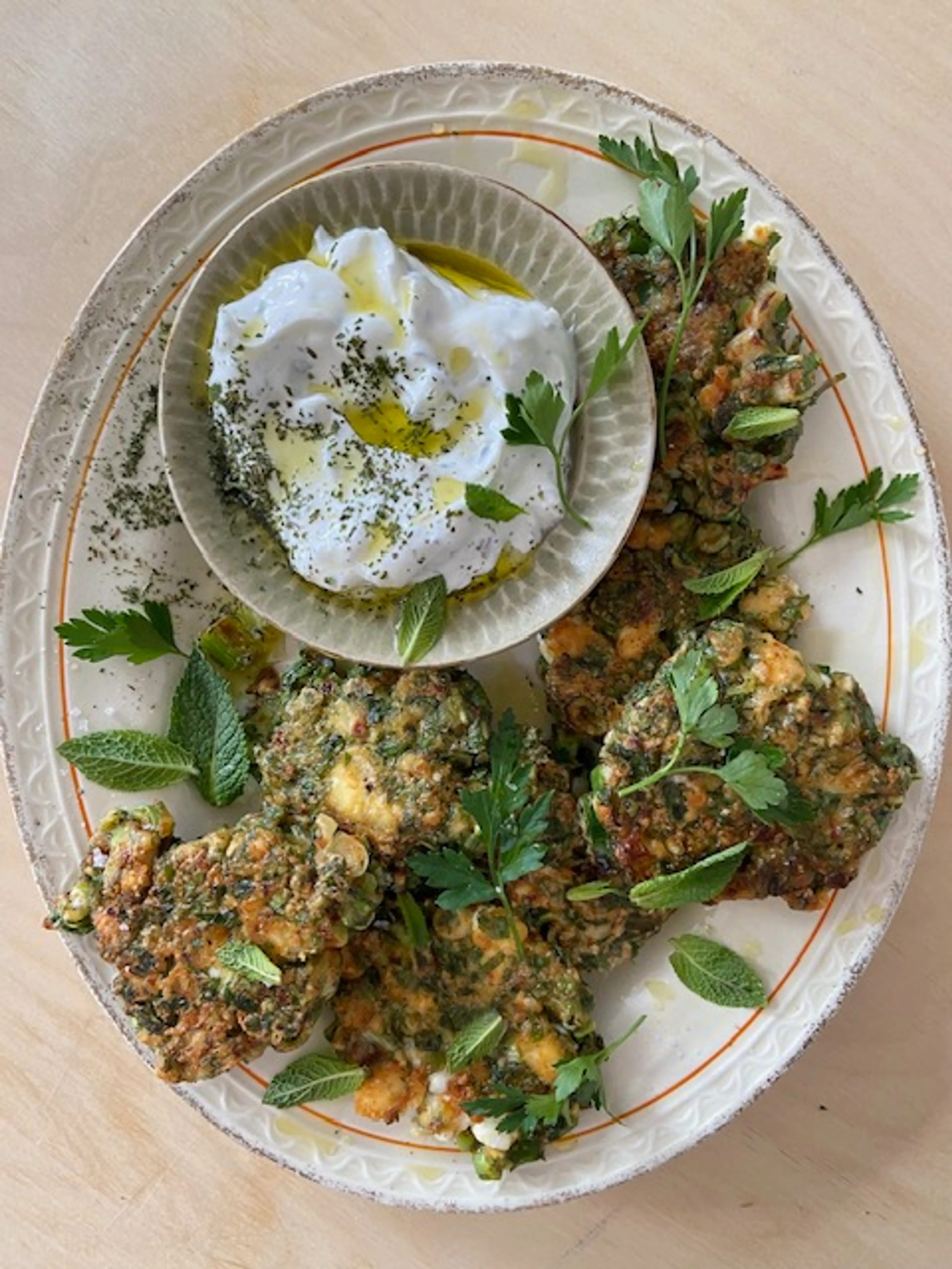 Öcce Fritters with Spring Onion and Fresh Herbs