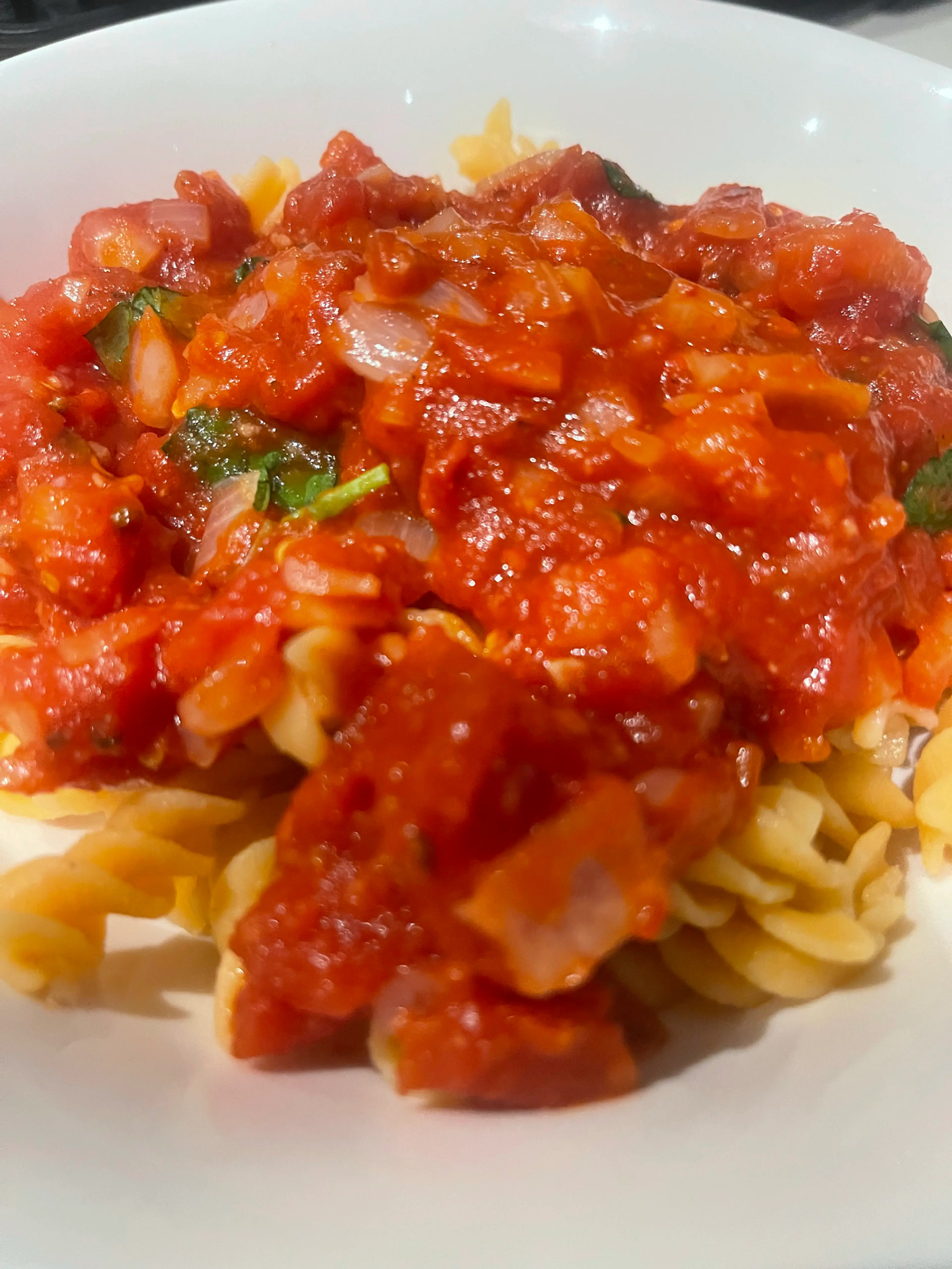 Lentil pasta with tomato-basil sauce + cottage cheese toppin