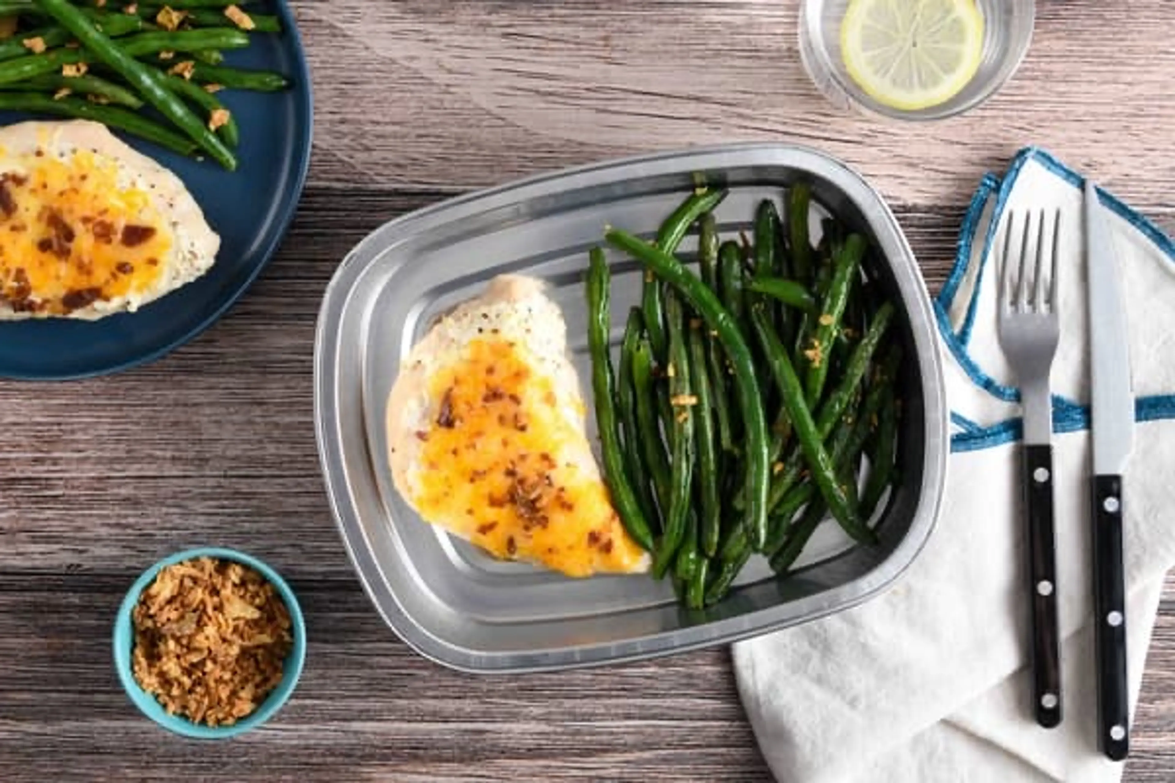 Cheddar-Bacon-Topped Chicken with garlic green beans