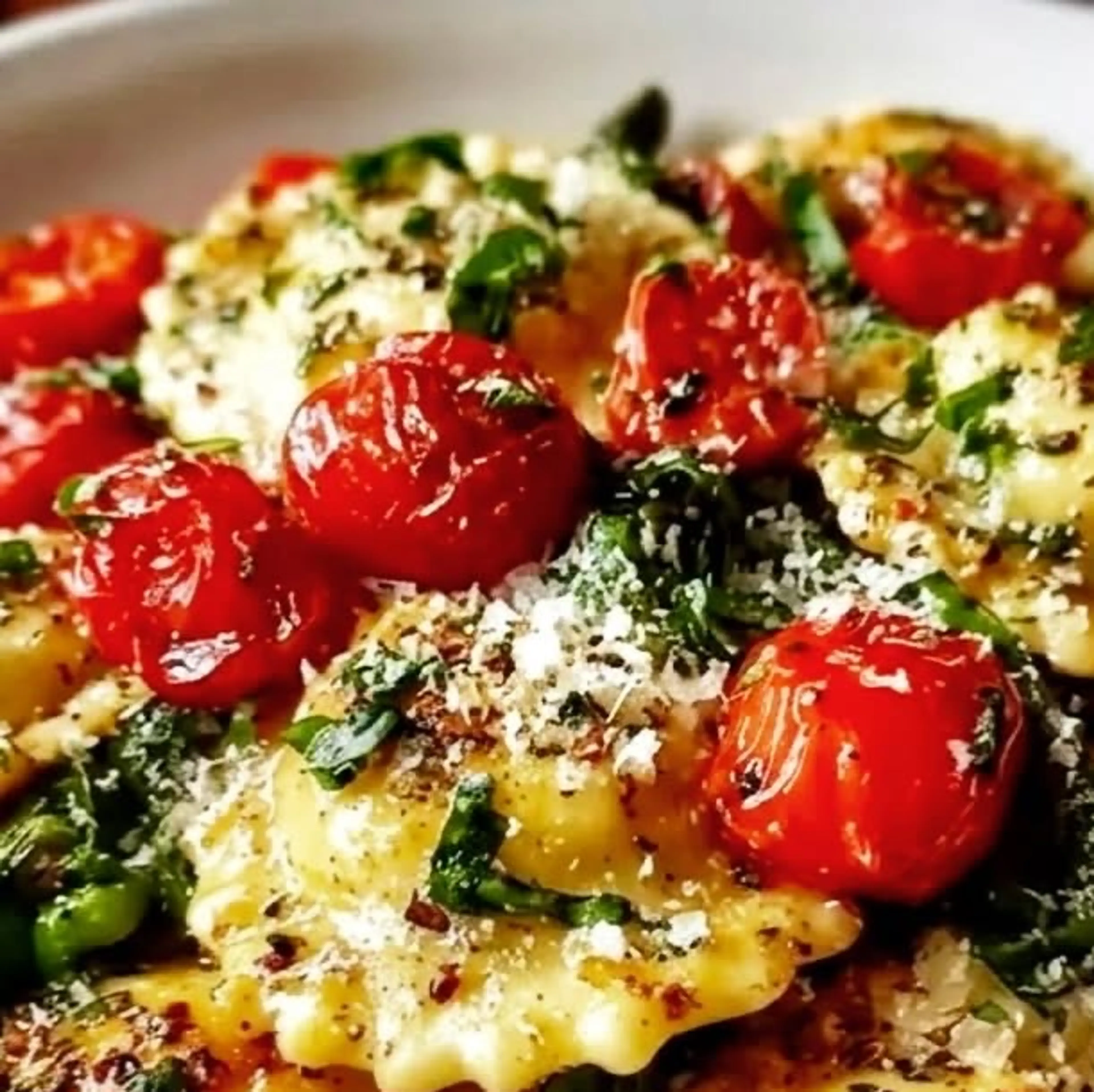 Ravioli with Tomatoes, Asparagus, Garlic & Herbs