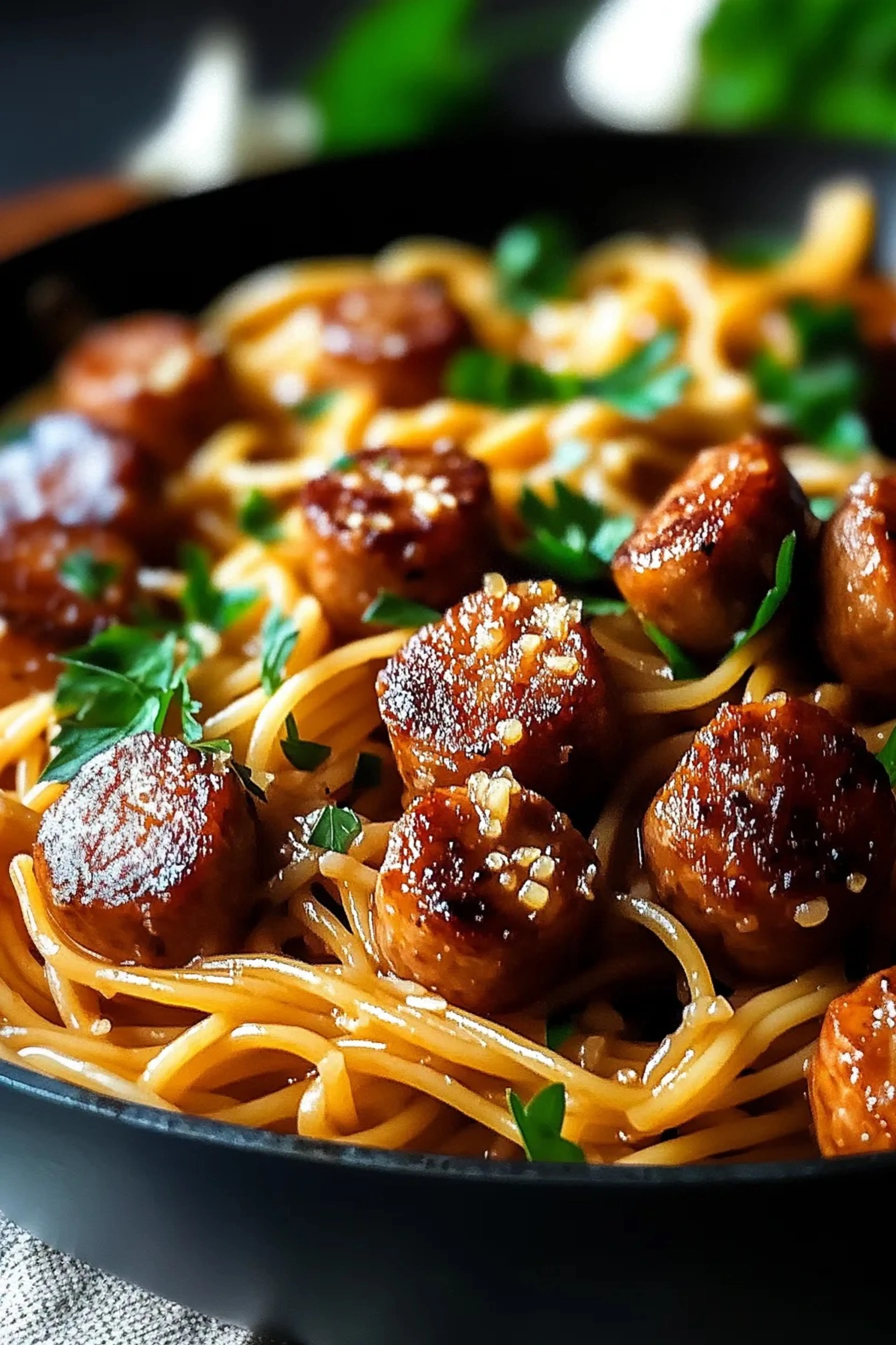 Sticky Honey Garlic Sausage Pasta Skillet