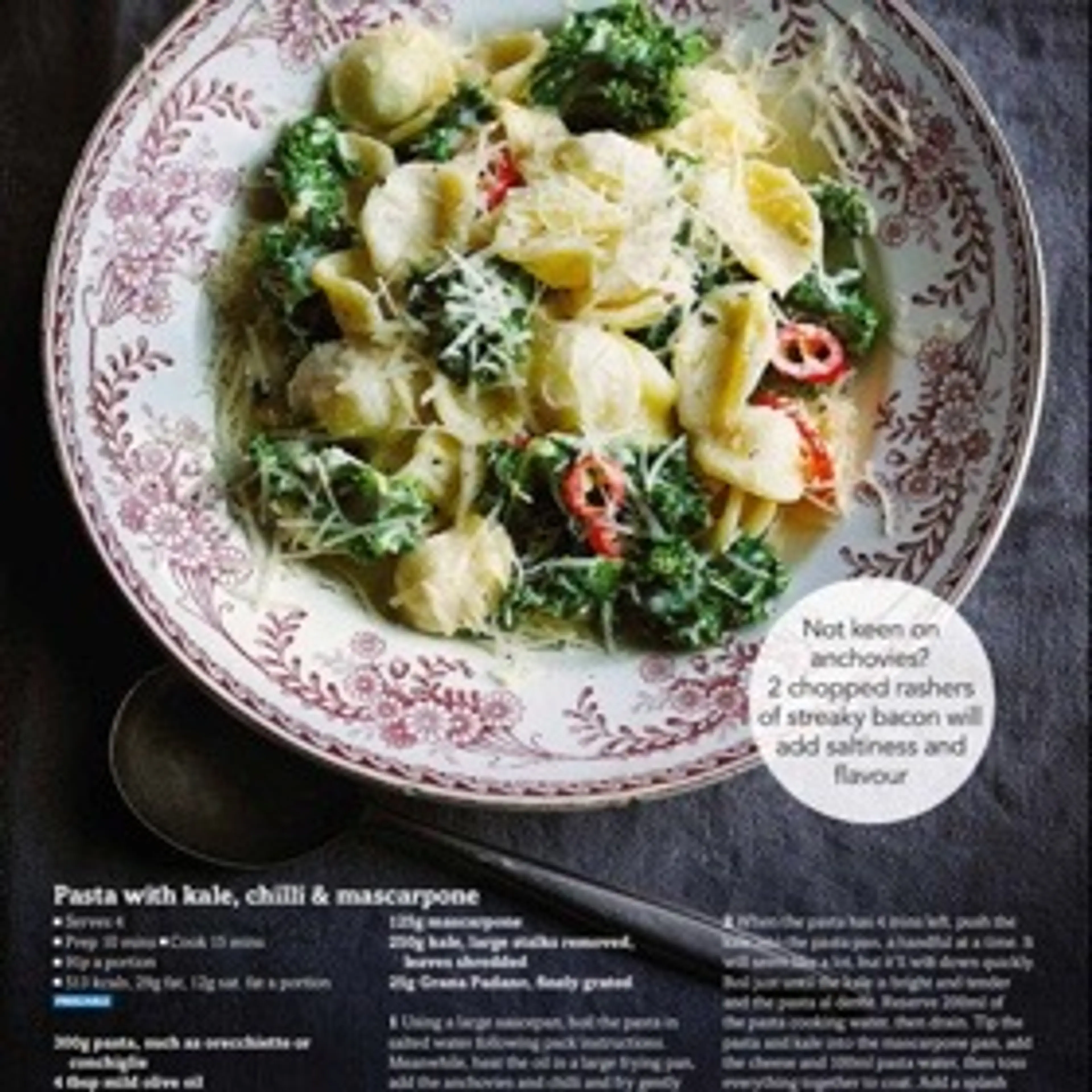 Pasta with kale, chilli & mascarpone