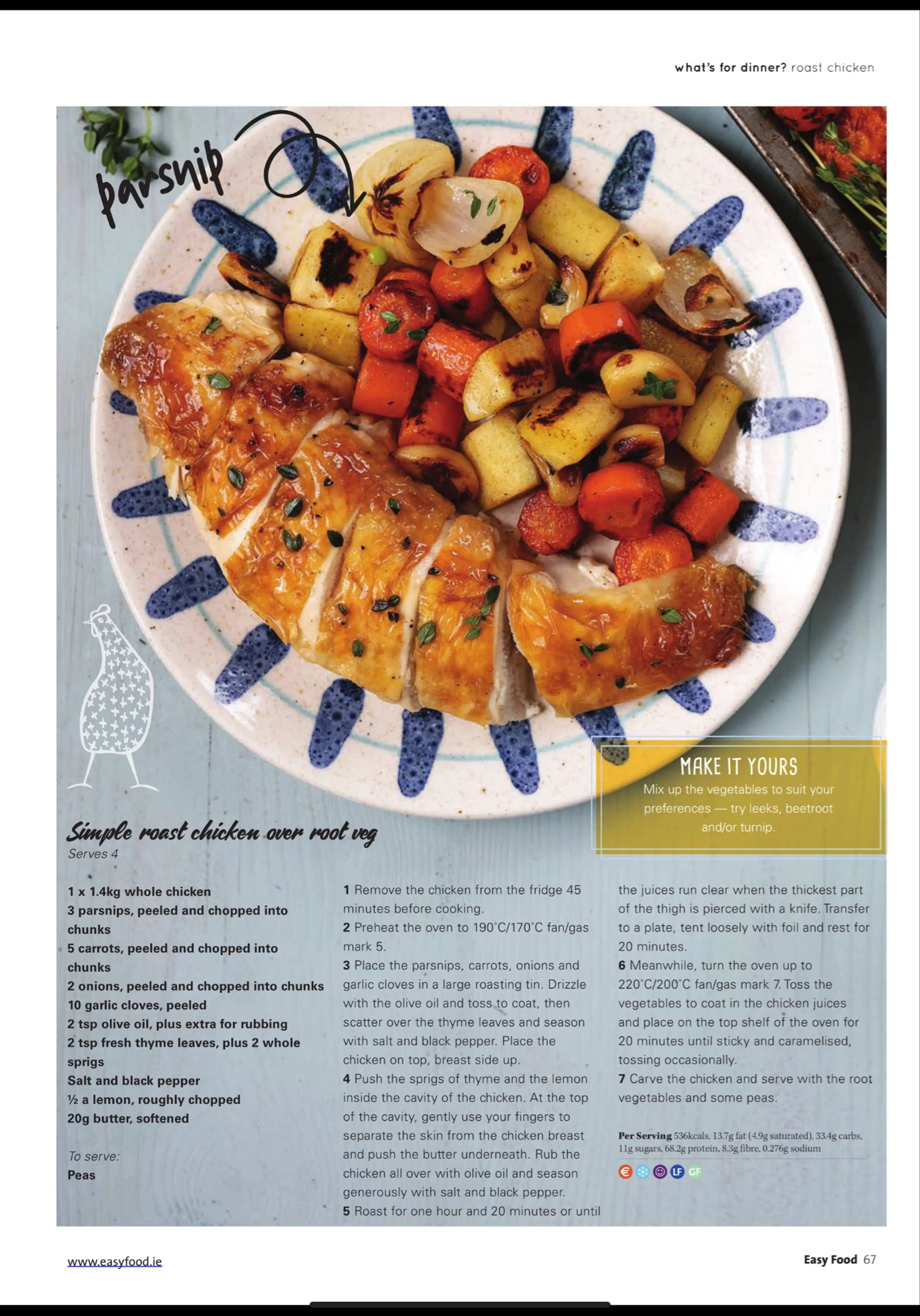 Simple roast chicken over Root veg