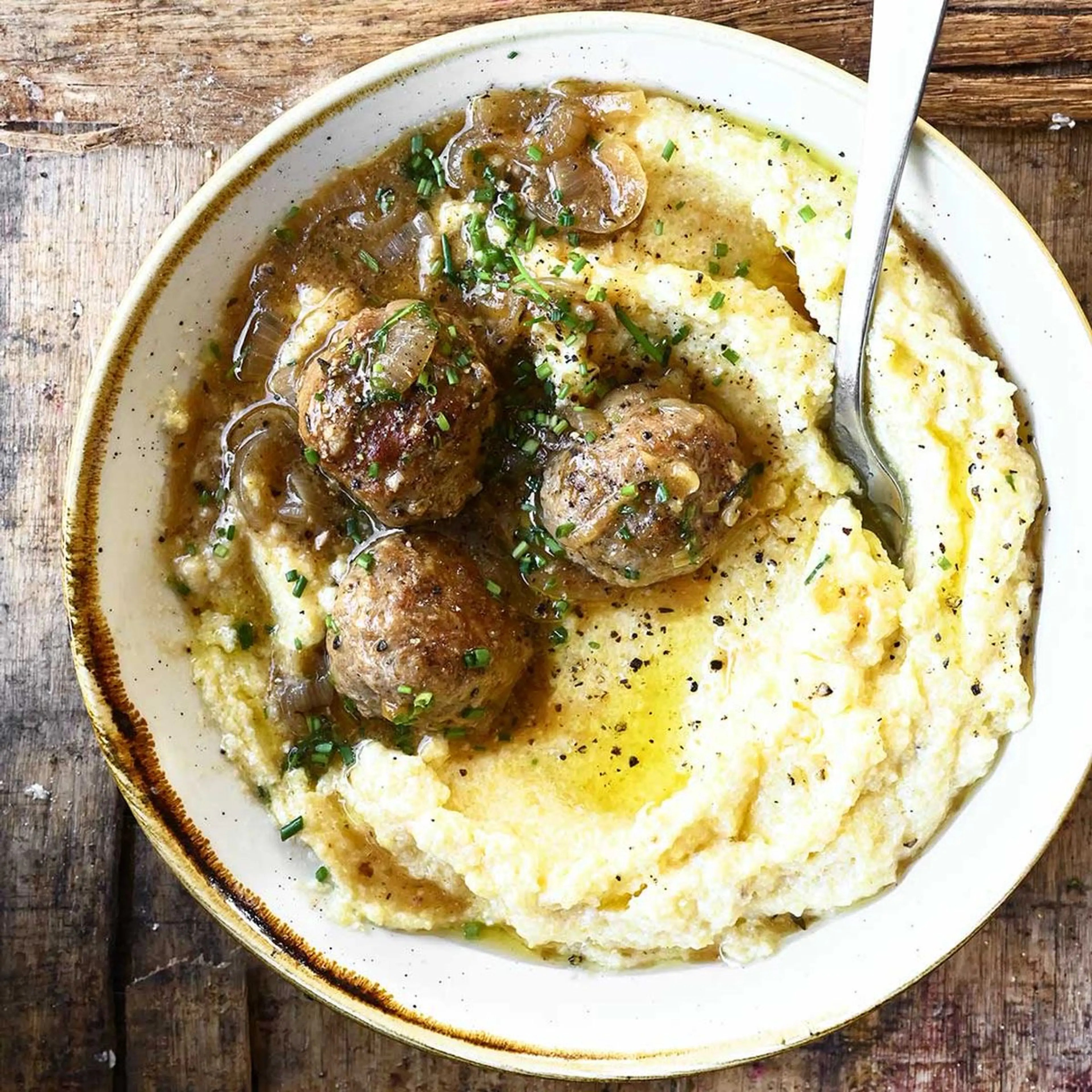Ricotta Polenta with Drunken Meatballs