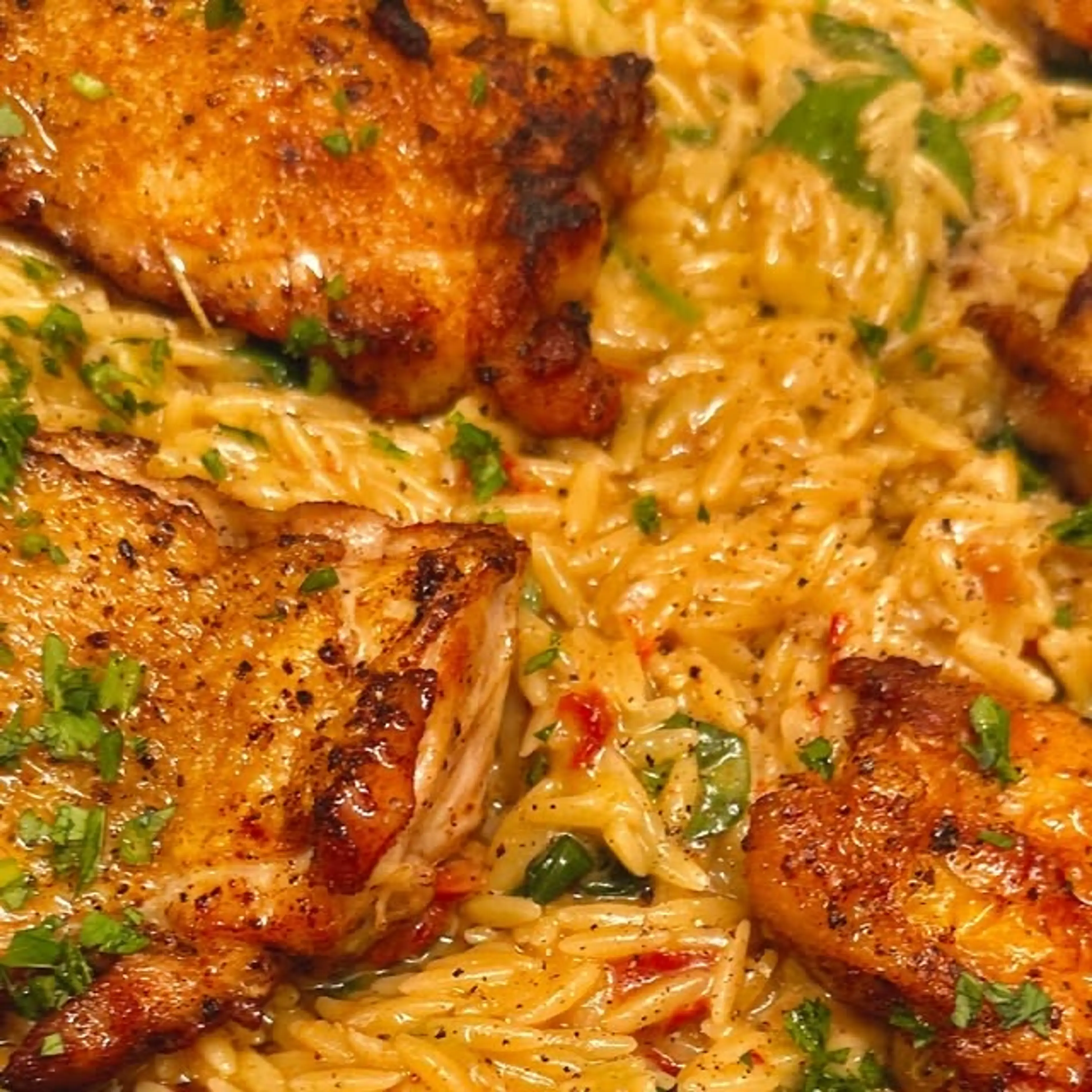 Crispy Tuscan Chicken Thighs with Creamy Orzo