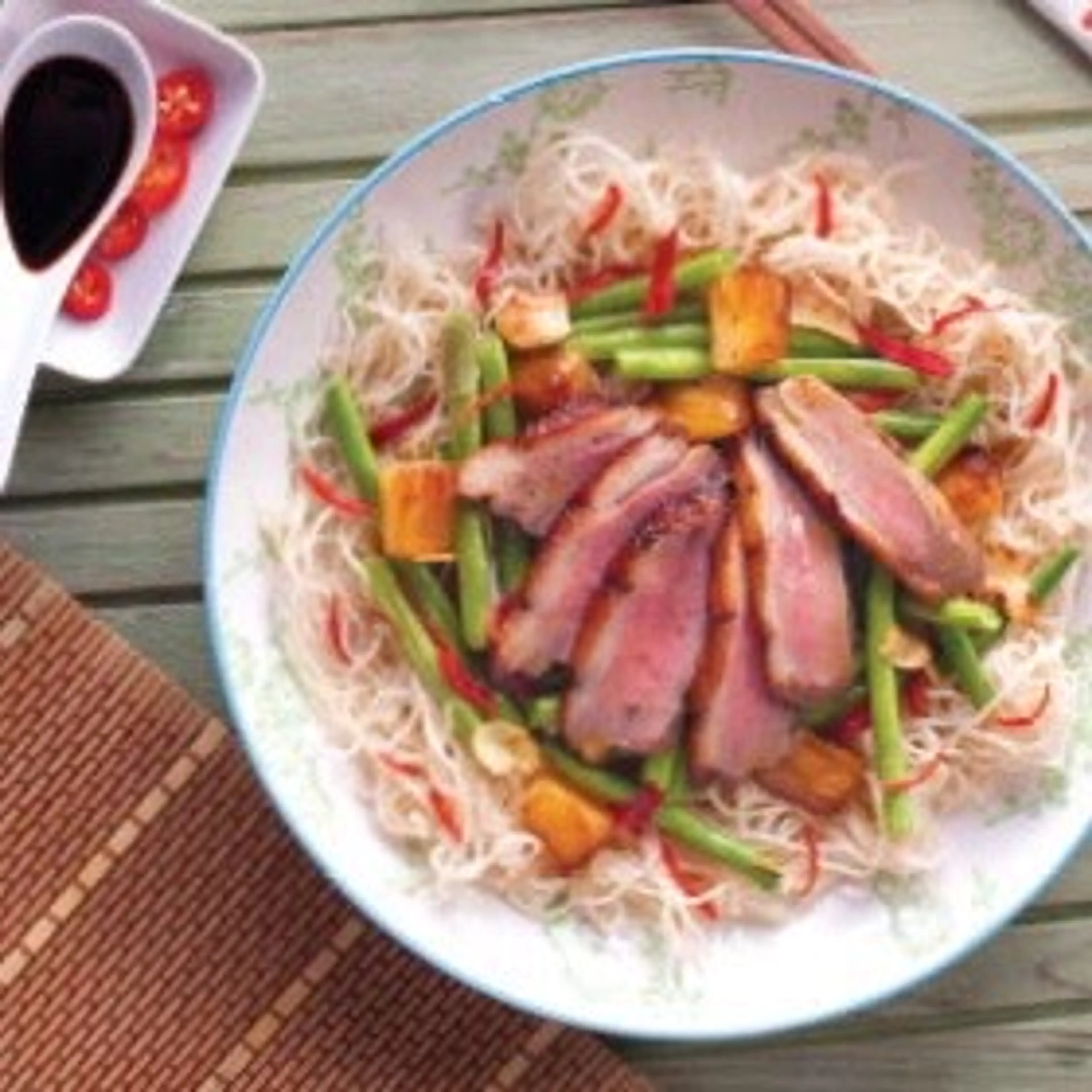 Honey and Soy Duck Breast with pineapple and sticky garlic b