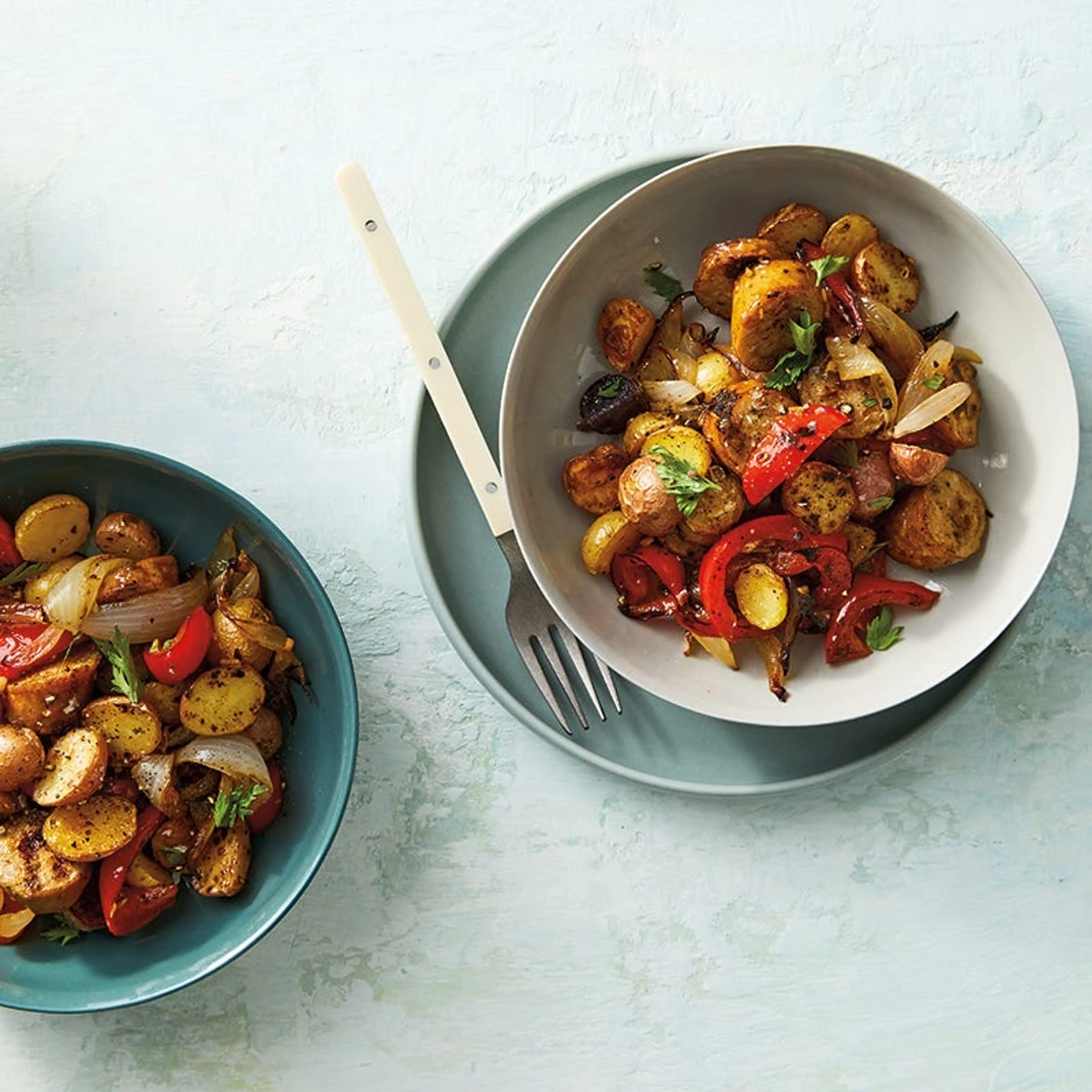 Sheet-pan sausage with peppers, onions & potatoes