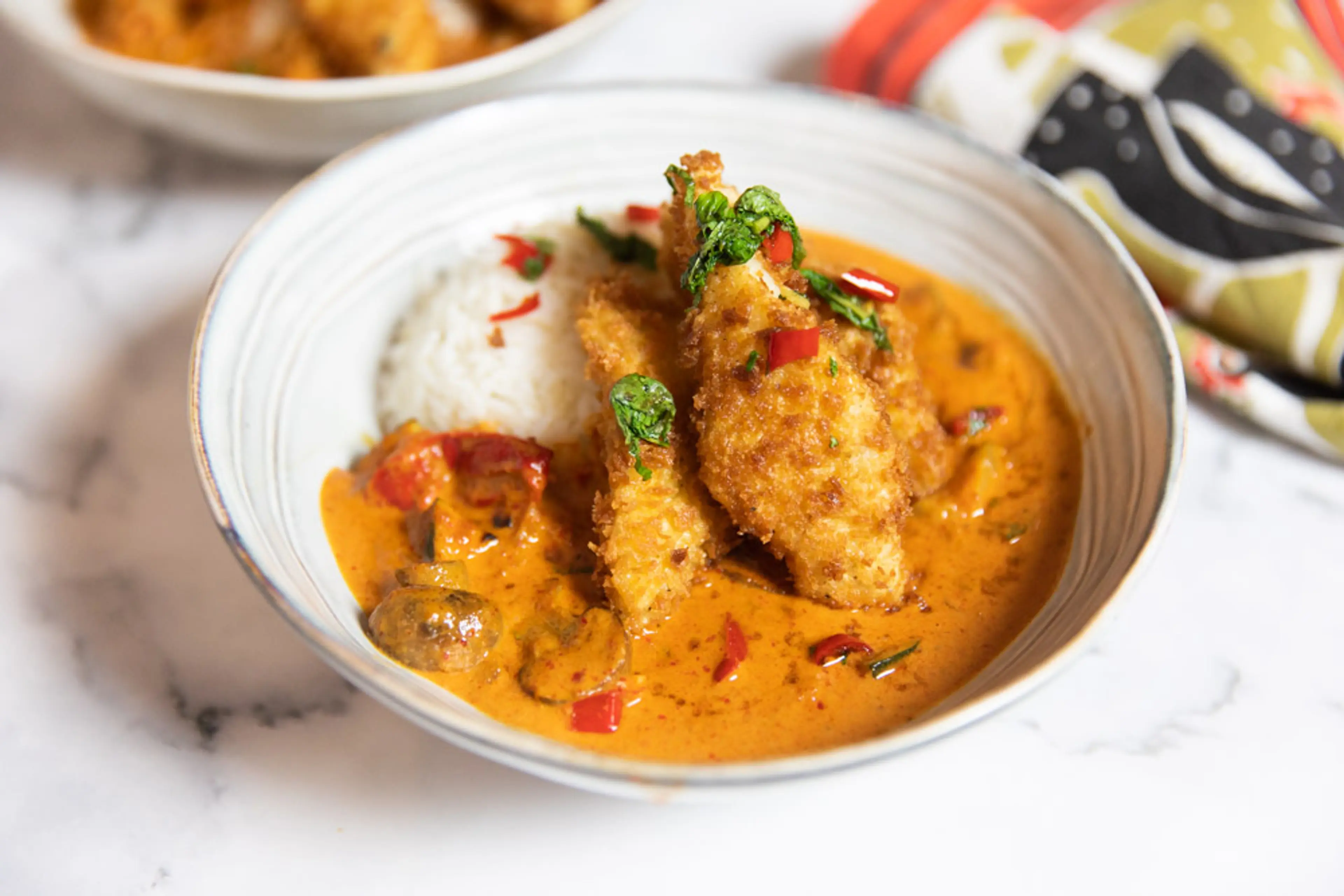 Thai Red Curry with Crispy Fried Cod with Mint & Chili Sauce