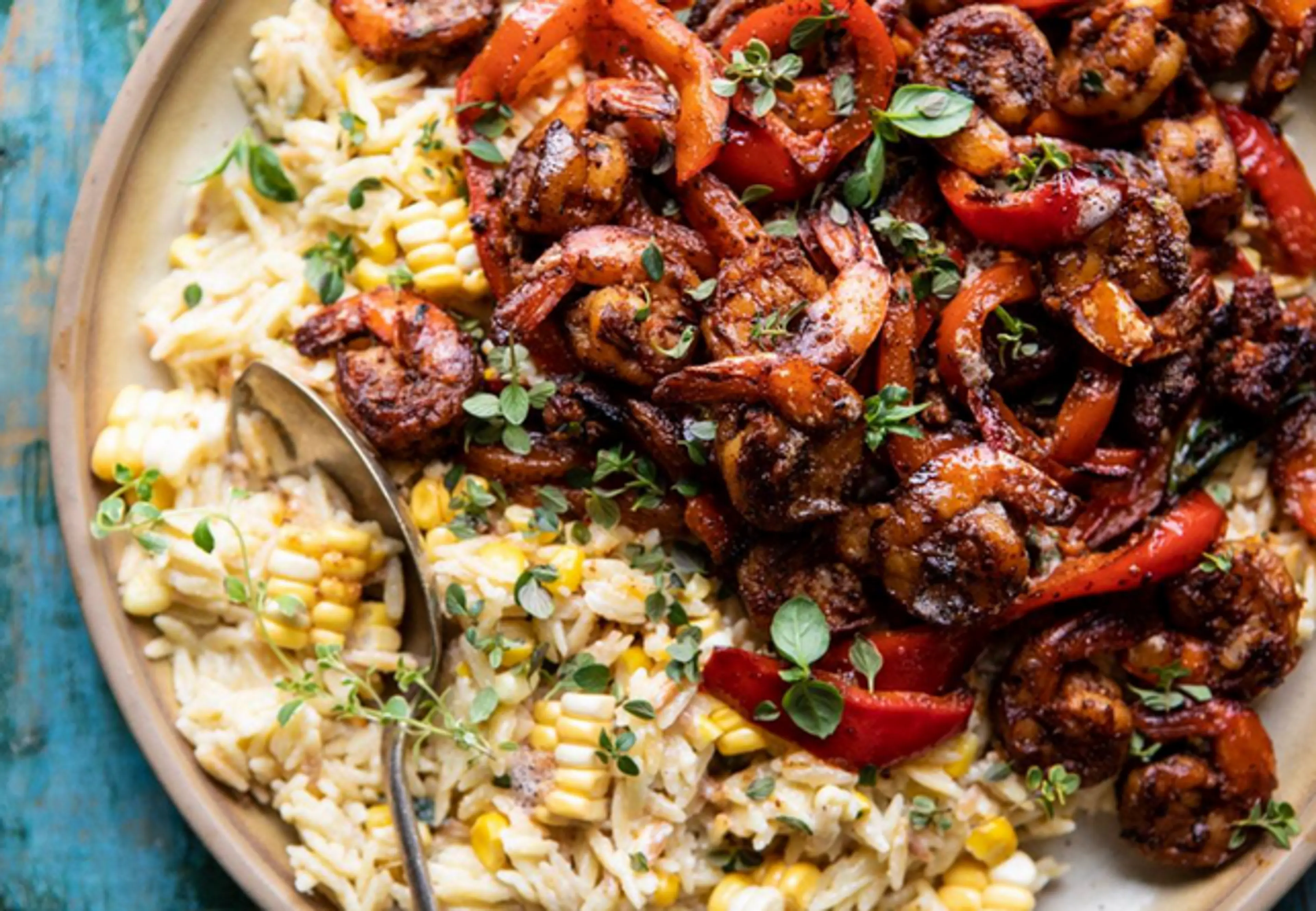 Cajun Pepper Shrimp with Creamed Corn Orzo
