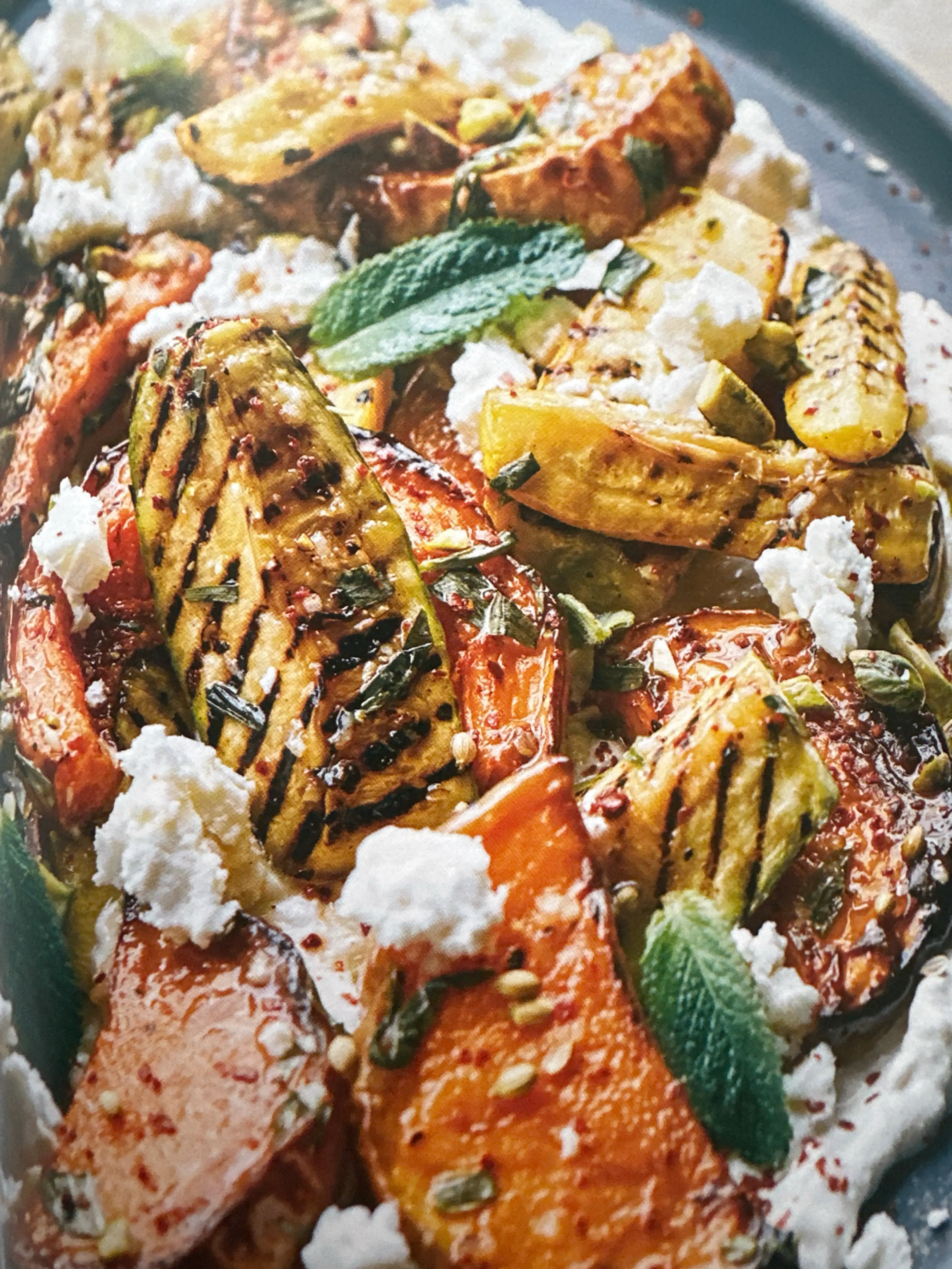 Roasted squash and courgettes with whipped feta and pistachi