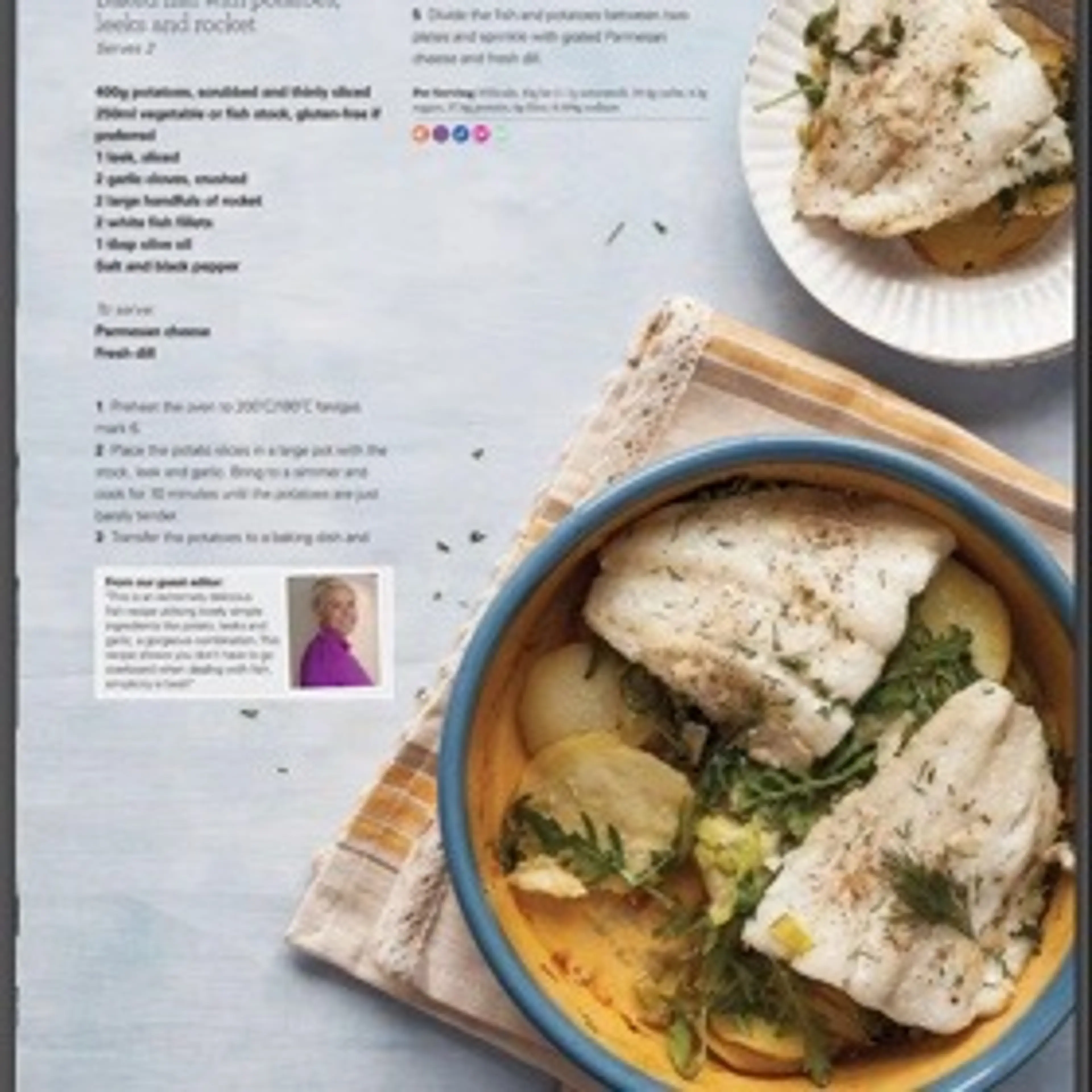 Baked fish with potatoes, leeks and rocket