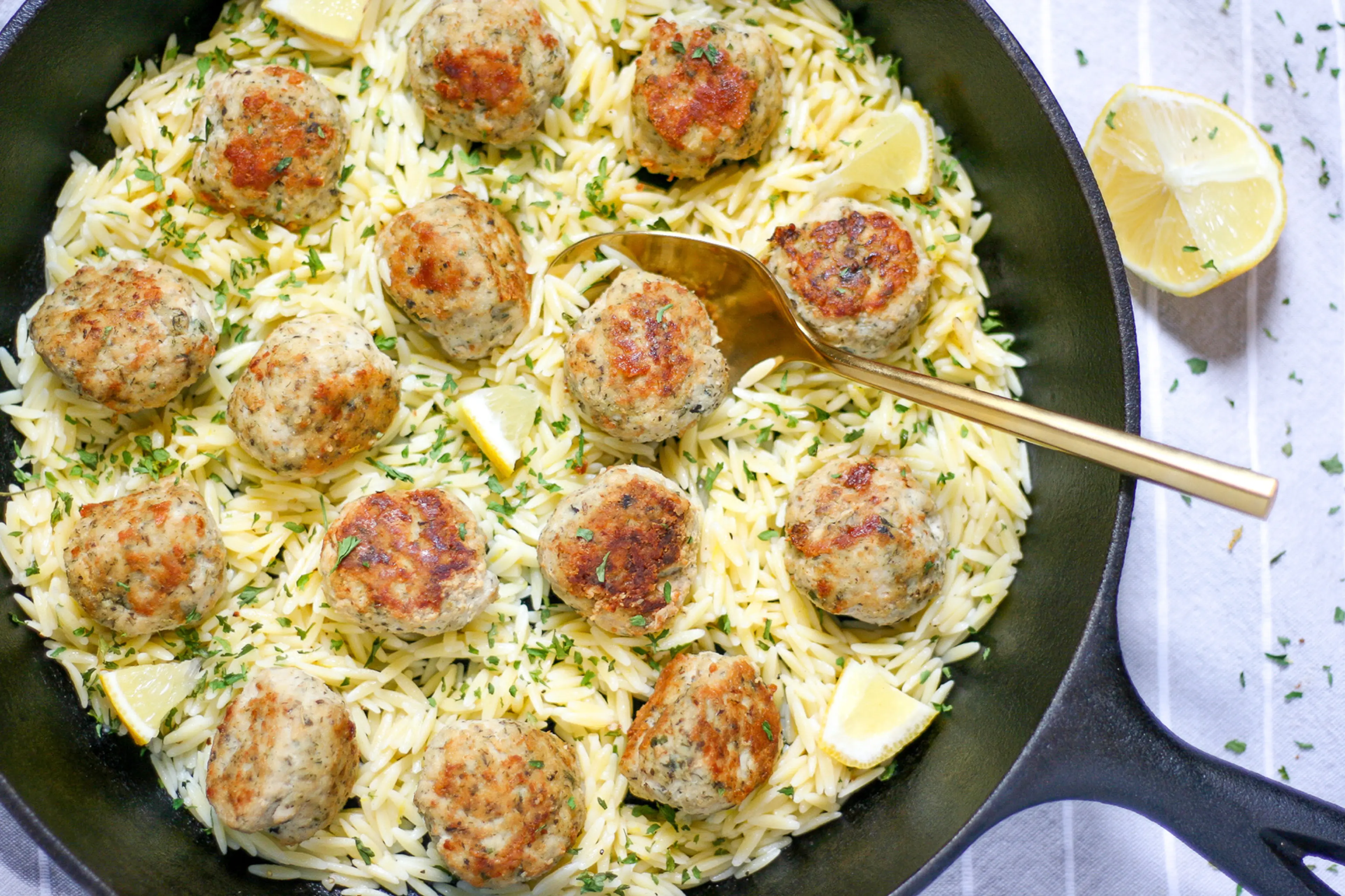 Easy Greek Chicken Meatballs with Lemon Orzo