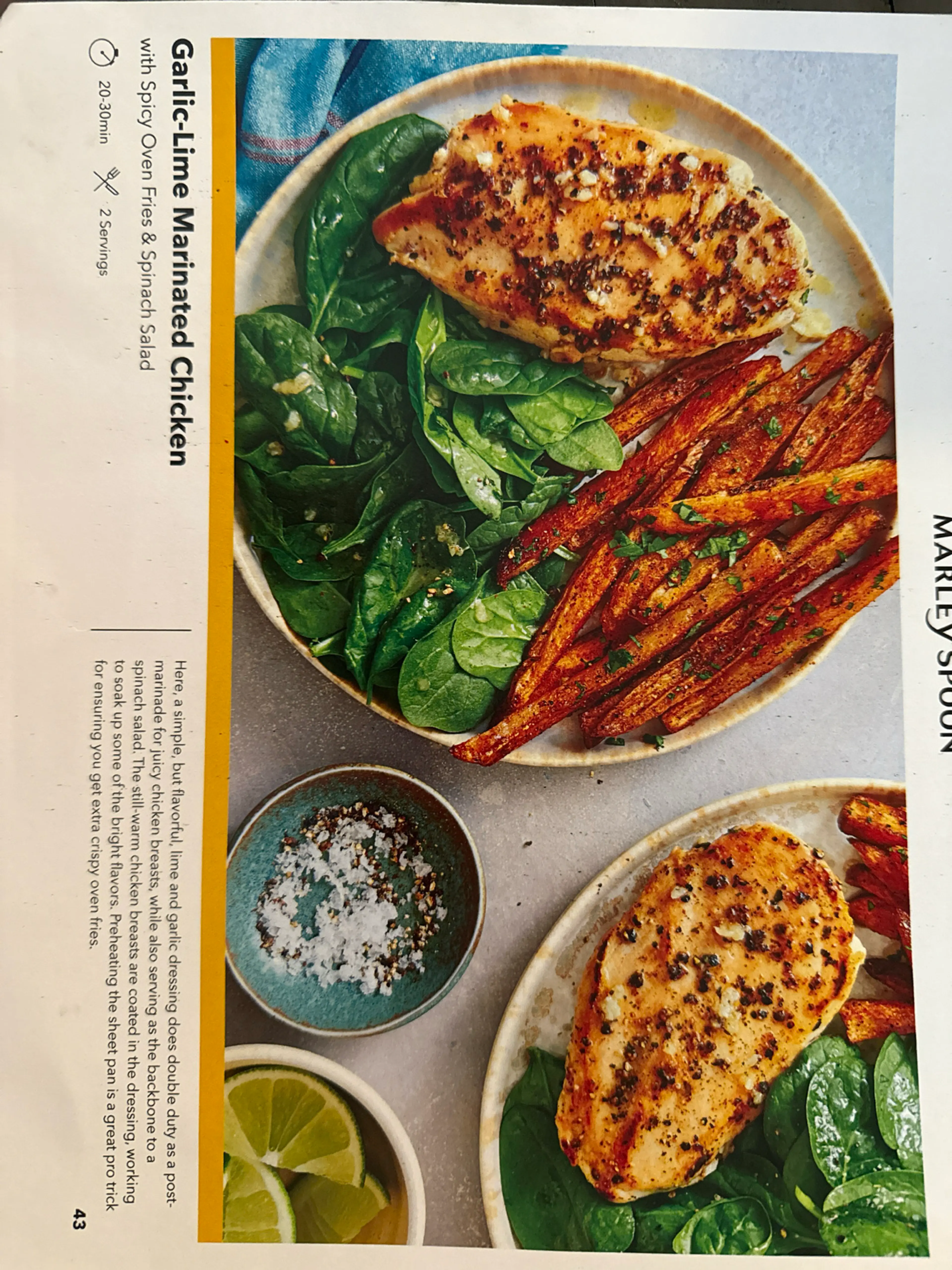 Garlic Lime Marinated Chicken With Fries And Spinach Salad