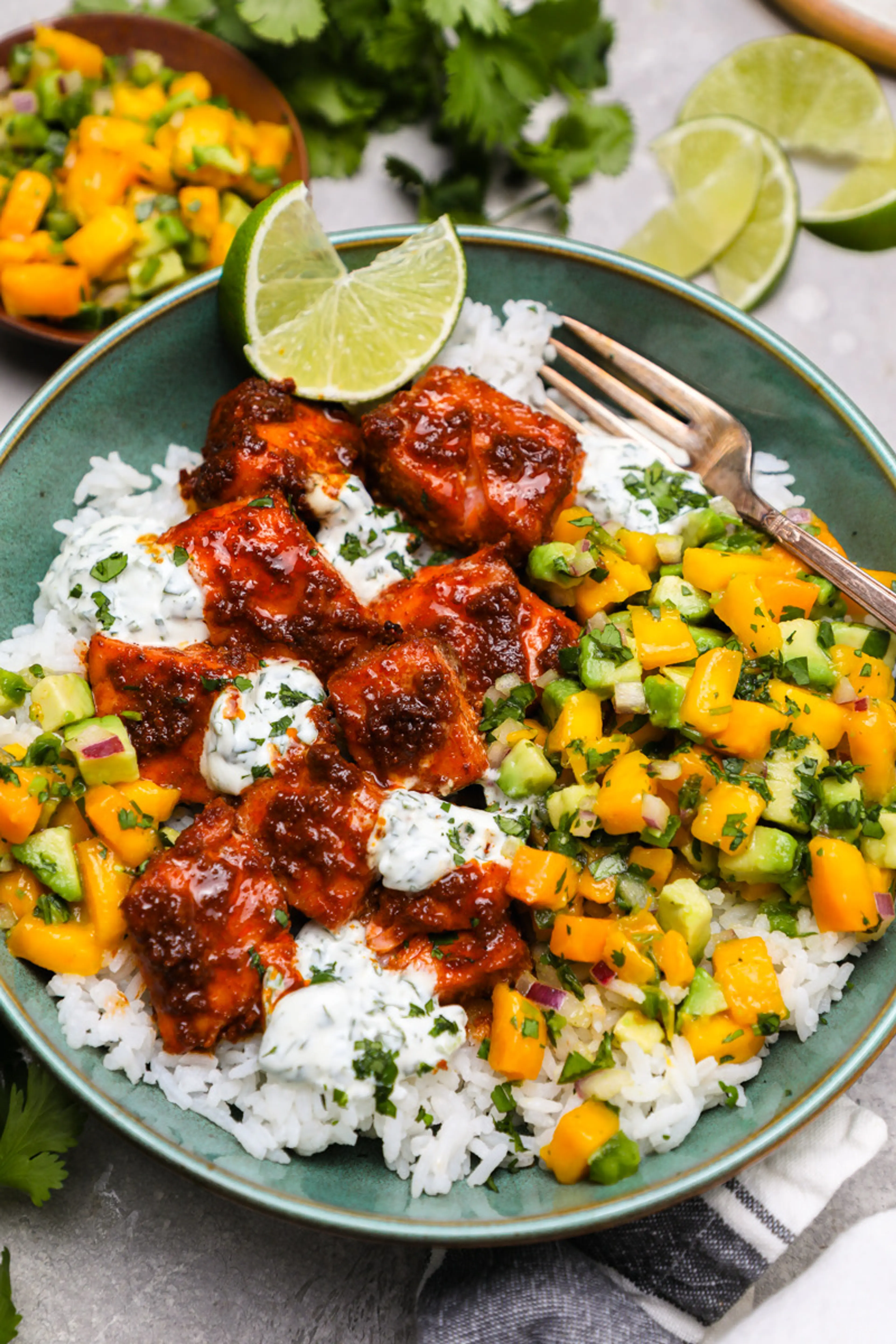 BBQ Salmon Bowls with Mango-Avocado Salsa
