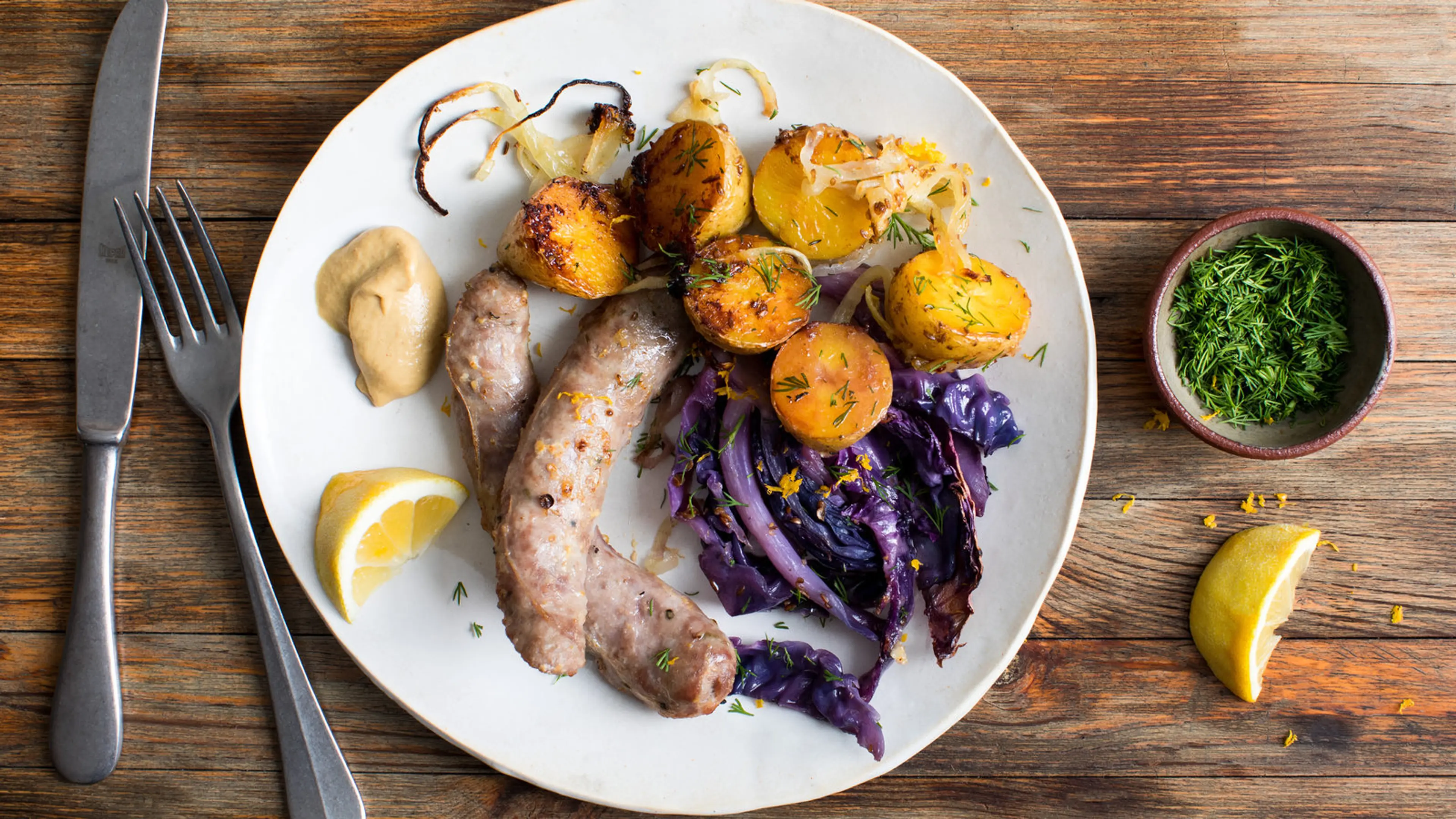 Sausages With Potatoes and Red Cabbage