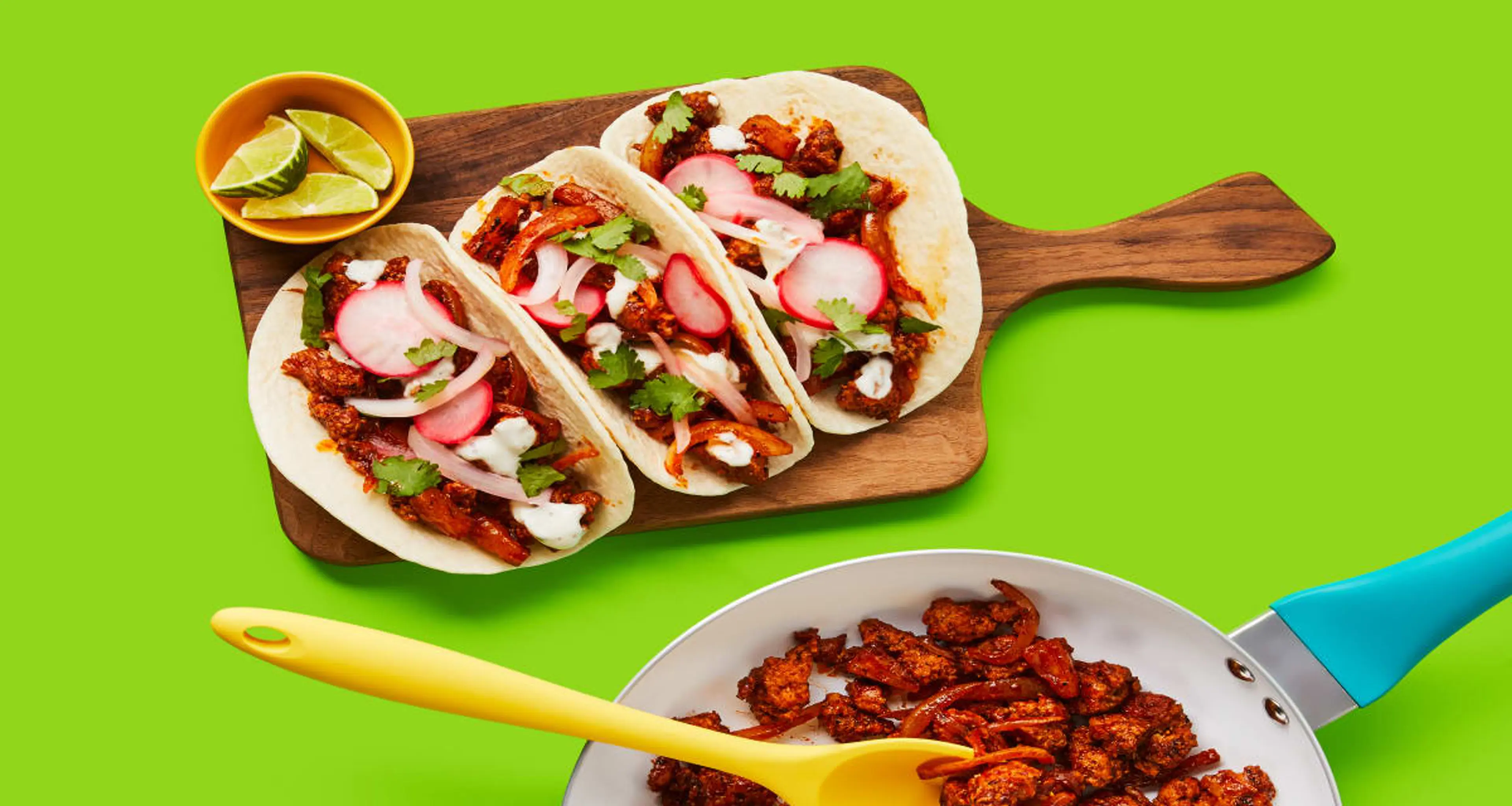 One-Pan Beef & Pineapple Tacos with Pickled Veggies & Lime C