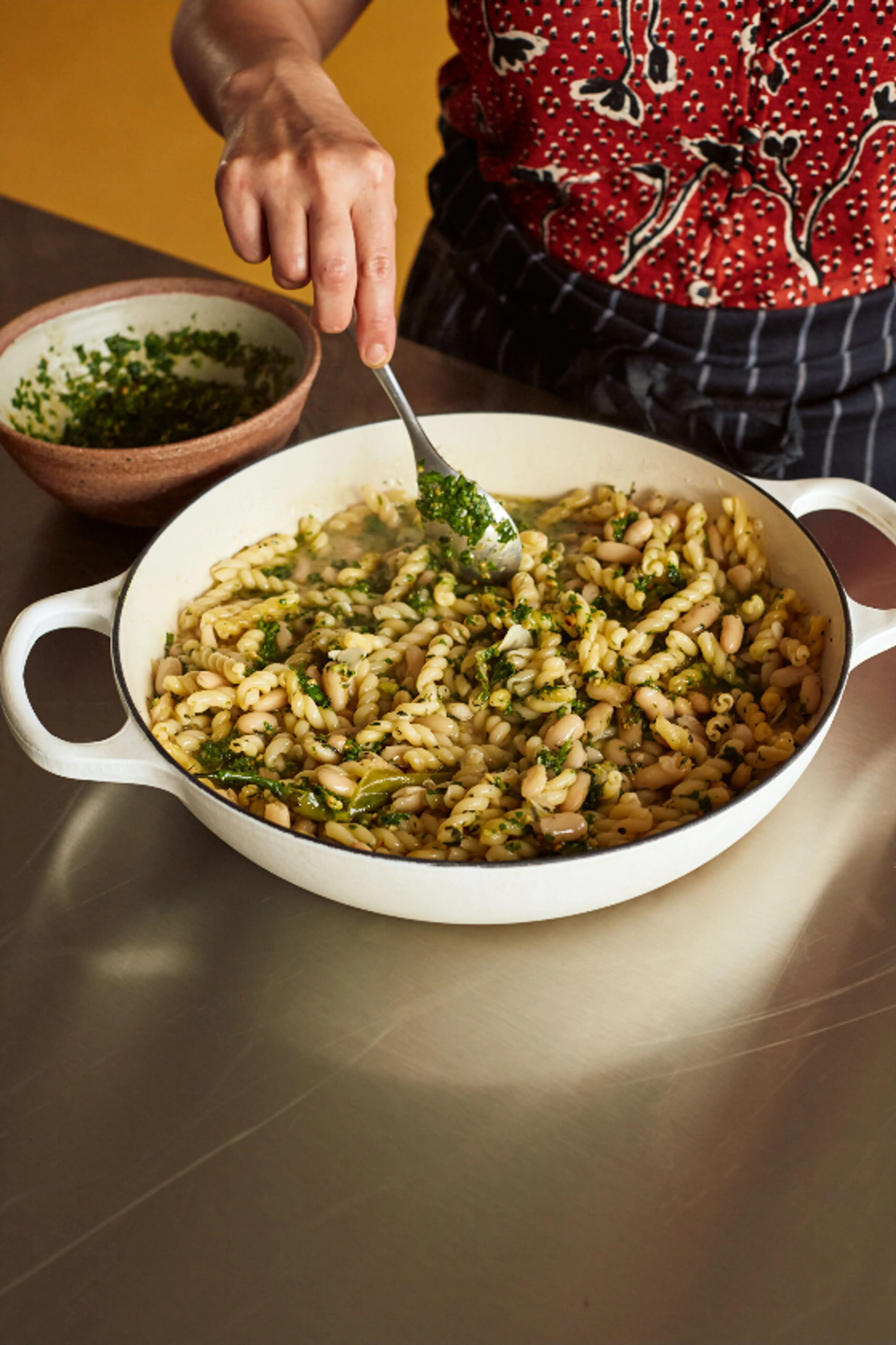 Dreamy Pasta and Beans with Halloumi And Rocket Pesto