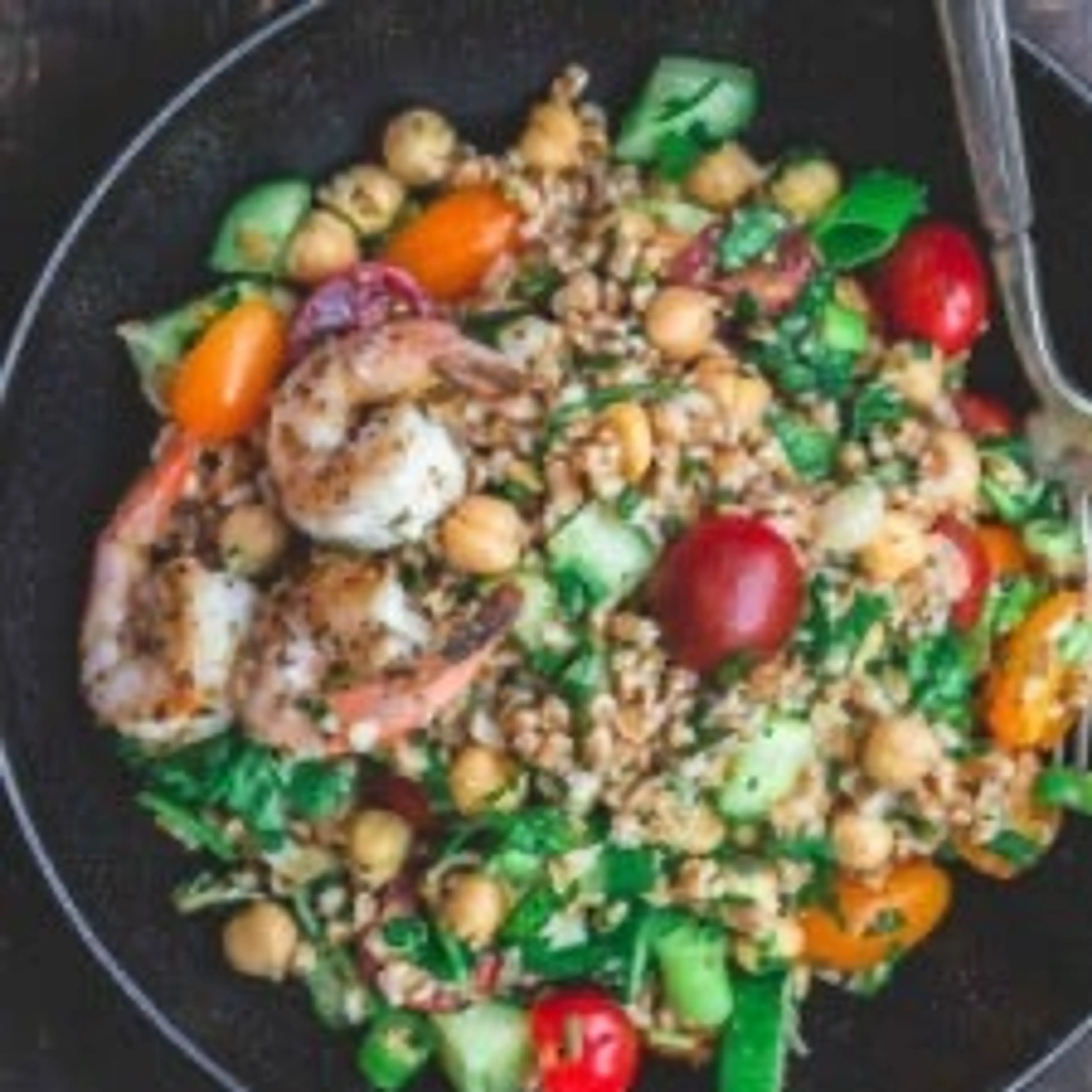 Mediterranean Chickpea Farro Salad with Shrimp