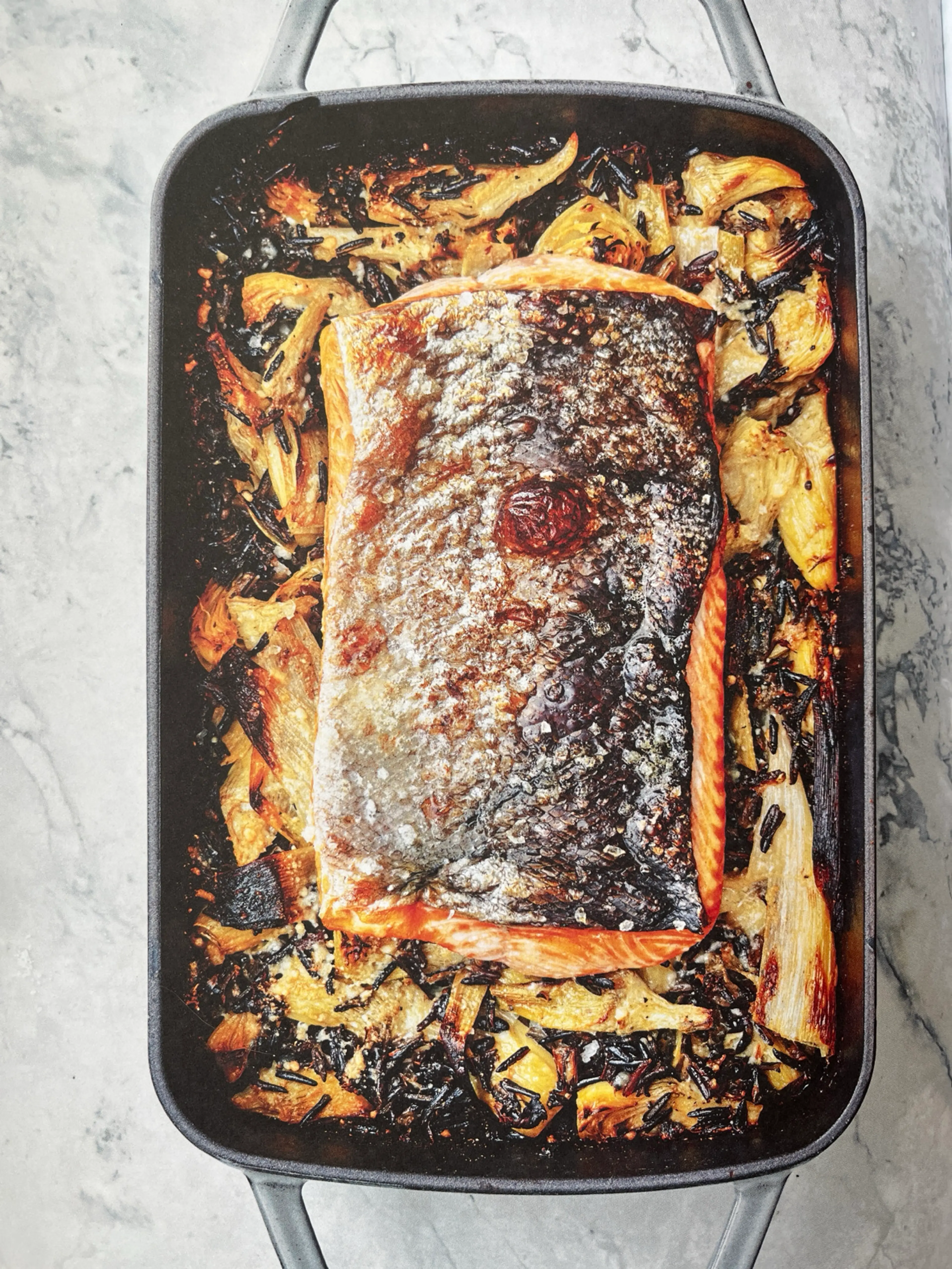 Baked Wild Rice with Salmon, Artichokes, and Leeks