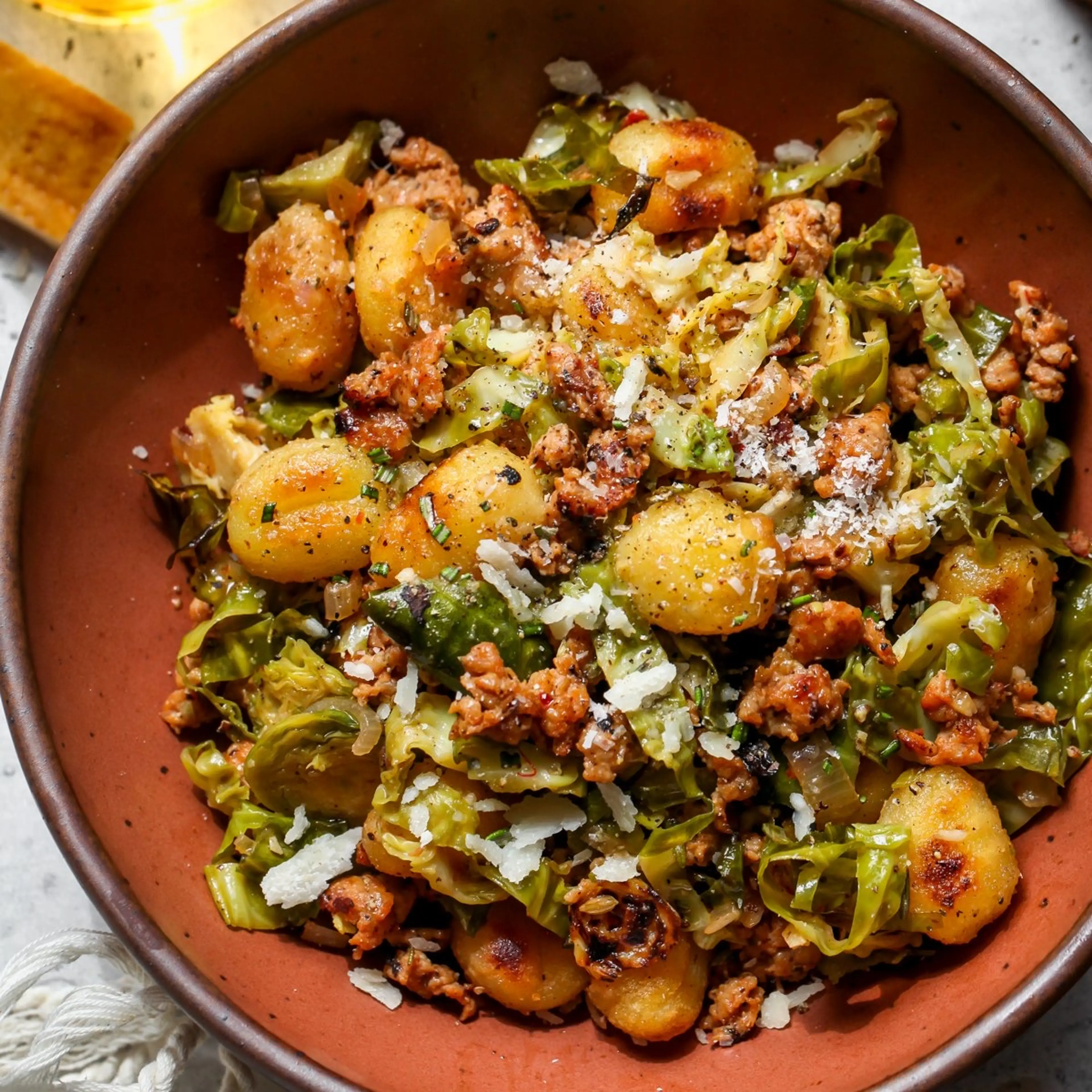 One Pan Crispy Gnocchi with Sausage and Brussels
