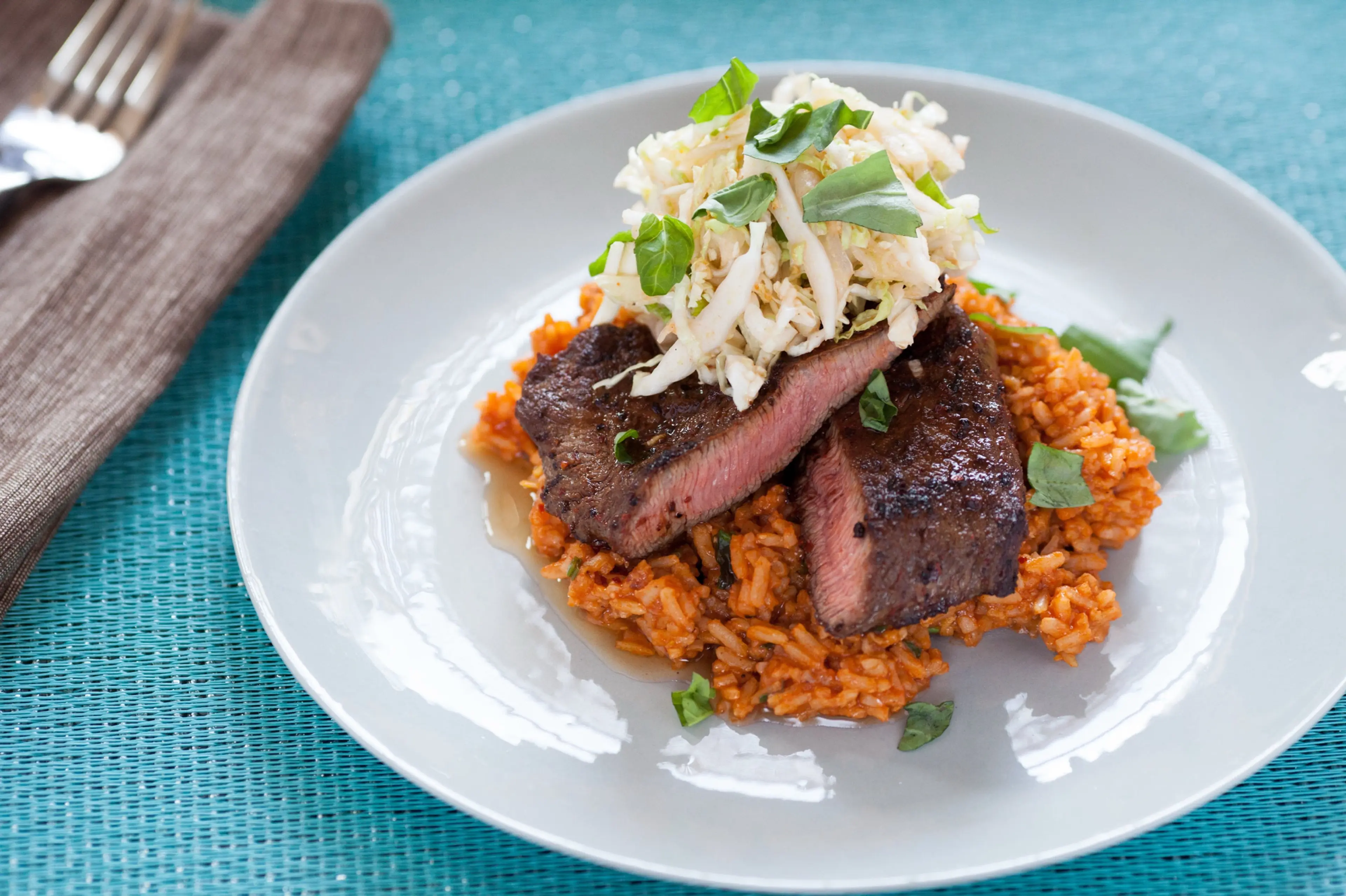 Chile-Rubbed Steaks with Quick Kimchi & Tomato Rice