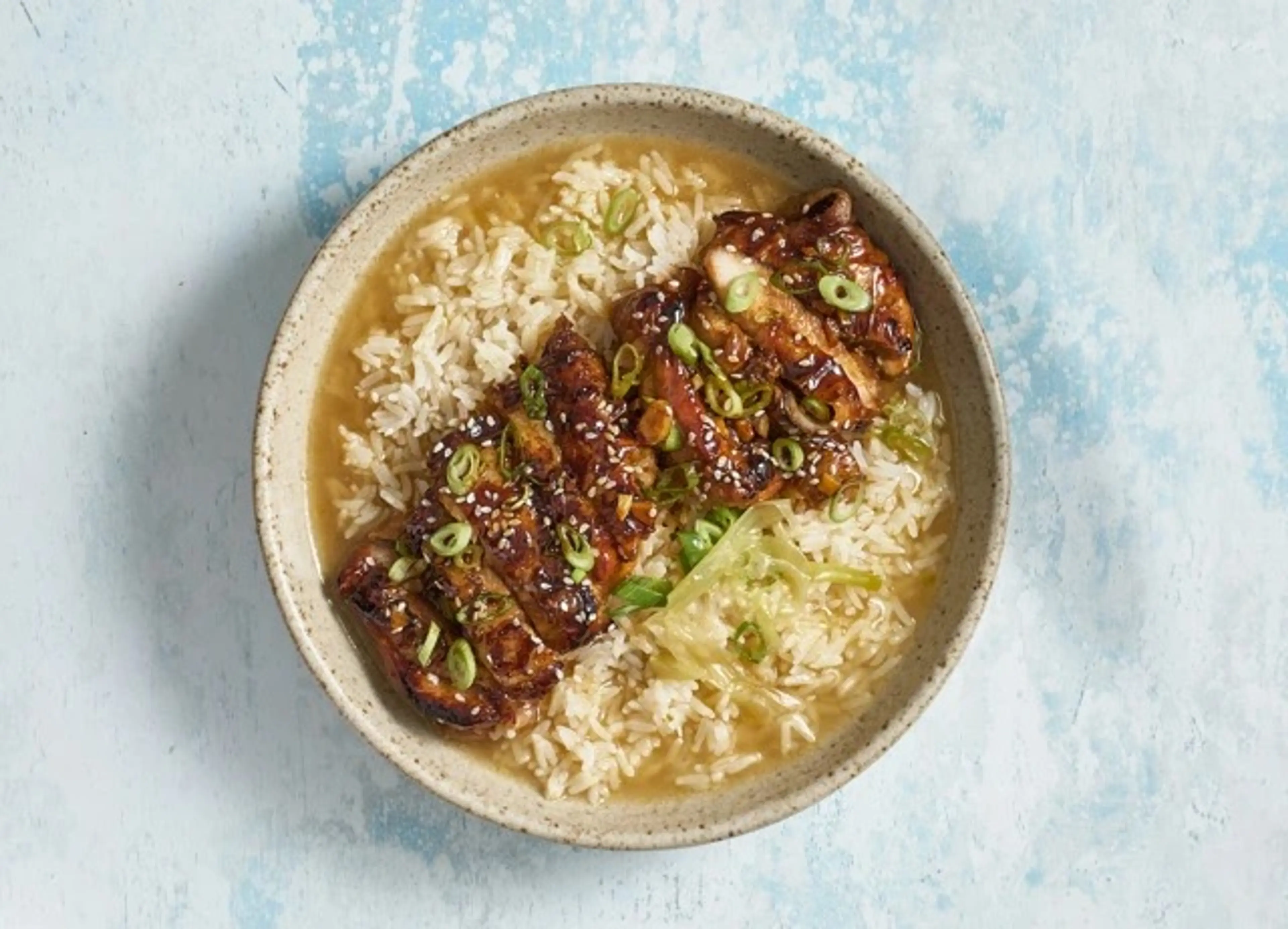 Burnt honey teriyaki chicken with garlic chicken bone broth