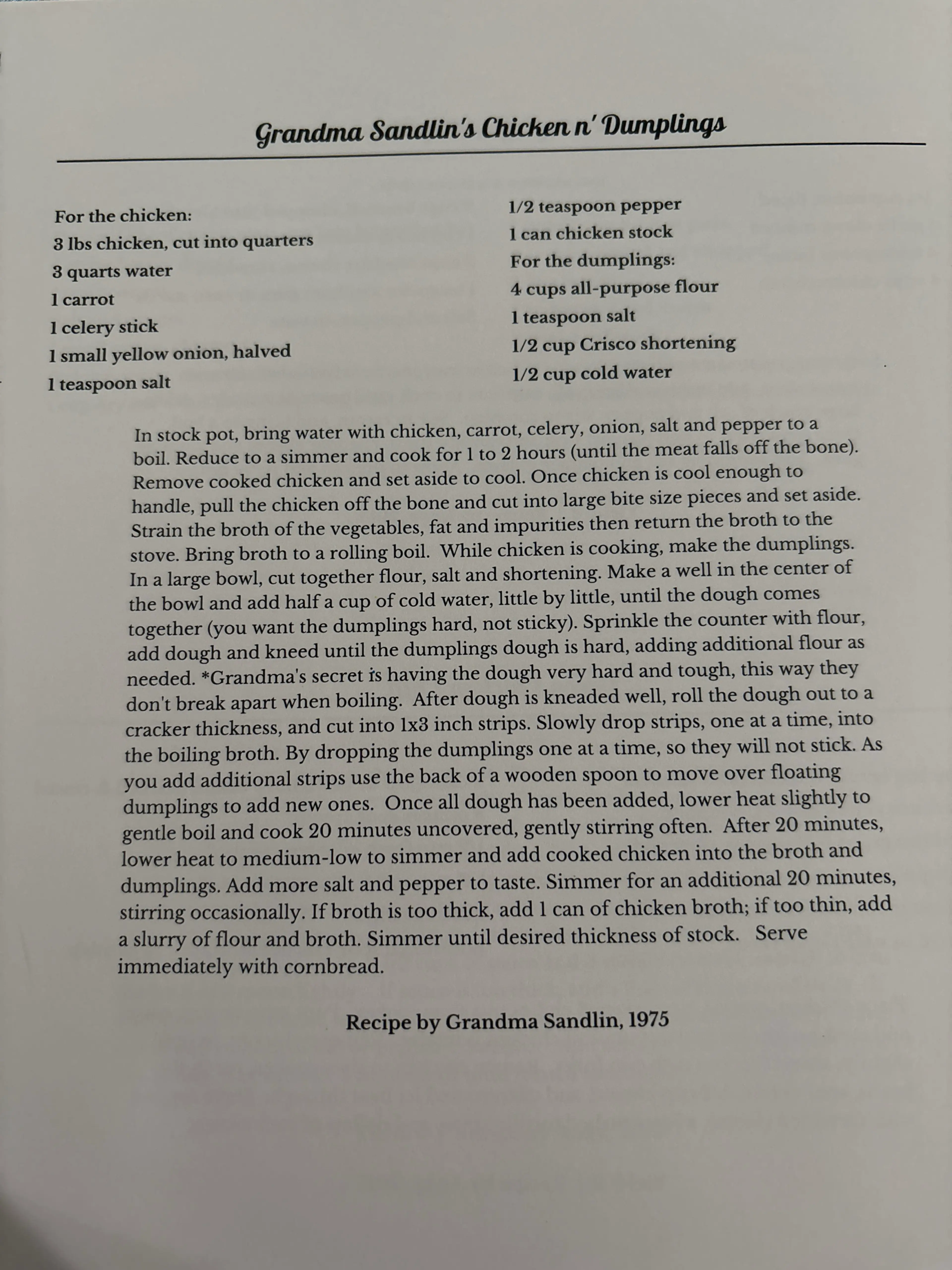Grandma Sandlin’s Chicken And Dumplings