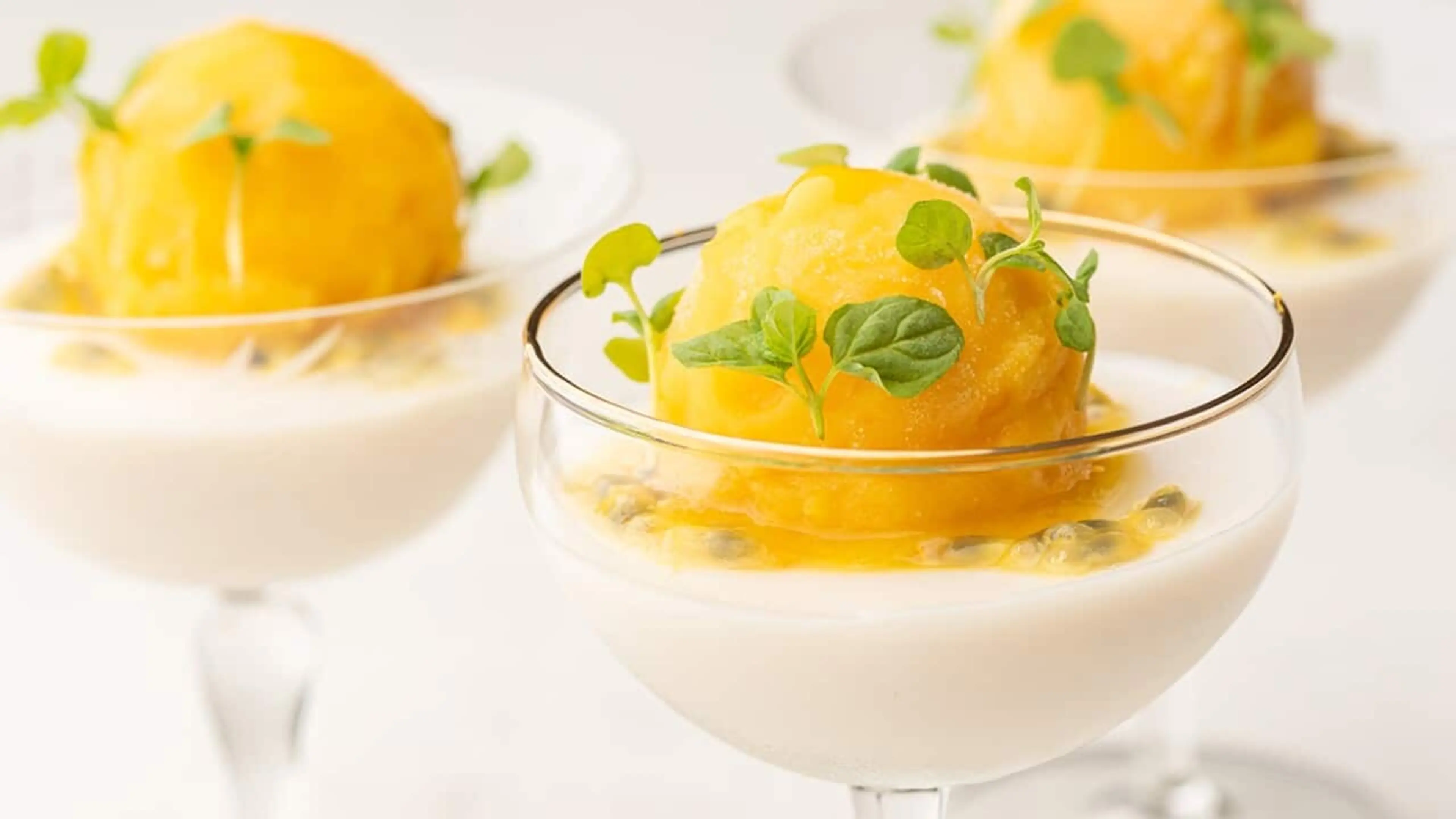 Coconut panna cotta with passionfruit-mezcal sorbet