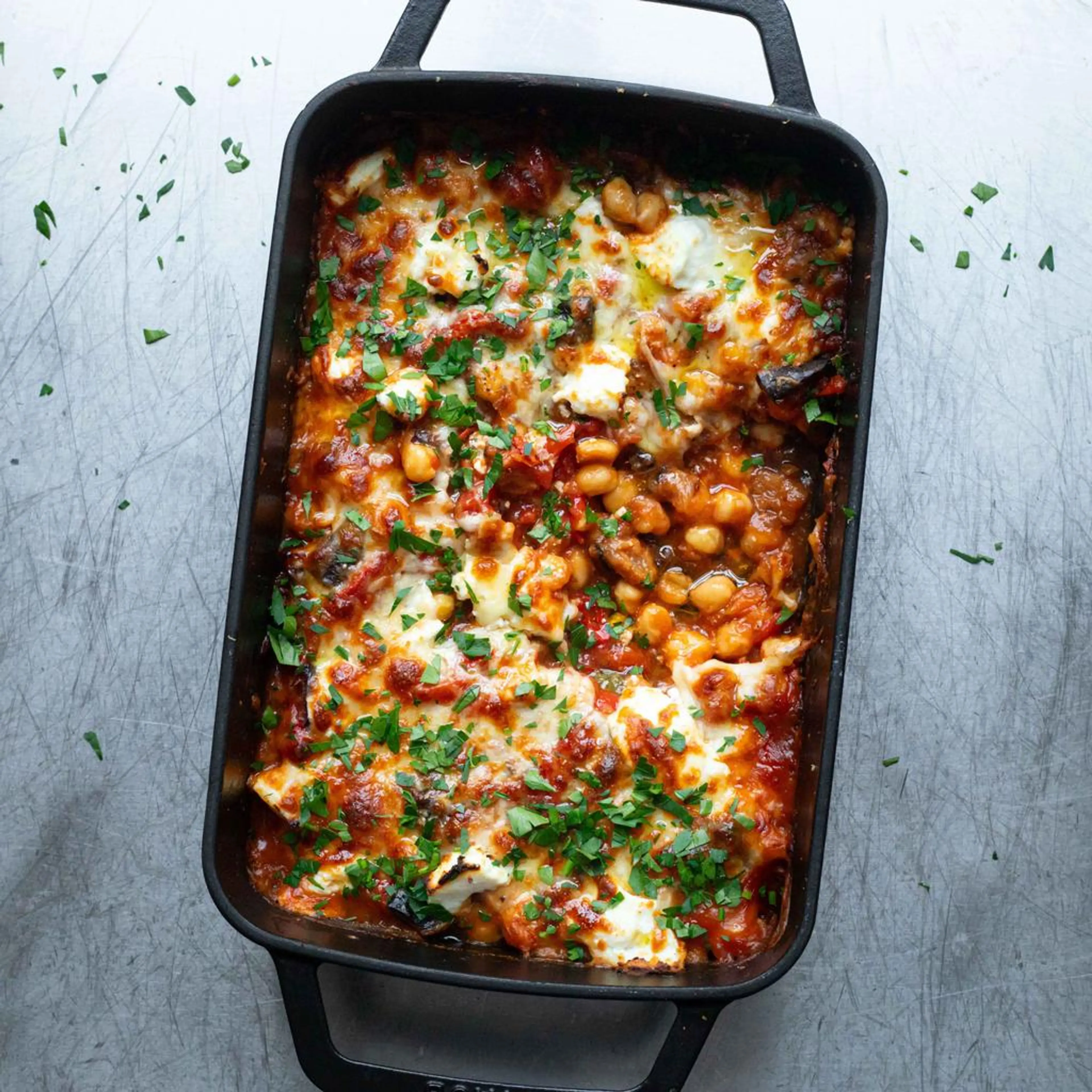 Saucy Aubergine, Chickpea & Ricotta Bake